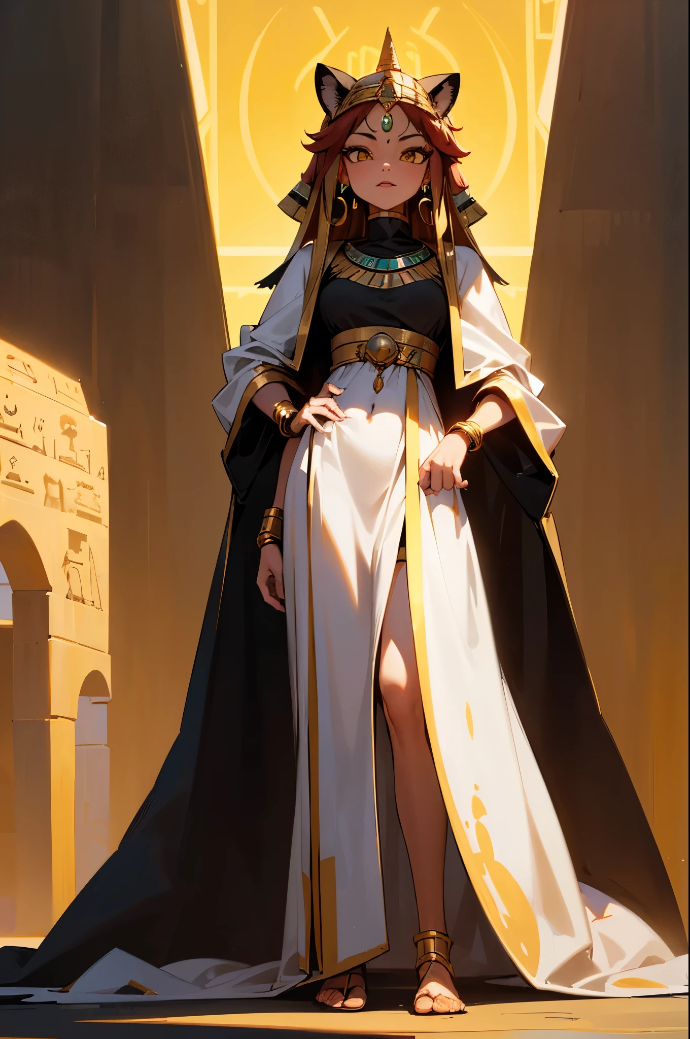 (((Sekhmet))) La mejor calidad, ((wearing a robe)), short black hair and cat ears. She wears gold jewelry, super high resolution, CG detallado 4K, Obra maestra, Mujer, Diosa felina, Pharaonic crown, Adorno, Ropa egipcia, Egyptian mythology, Entai, desert, aesthetics, ((Cabeza felina )), cuerpo completo, hermosa imagen, remote camera
