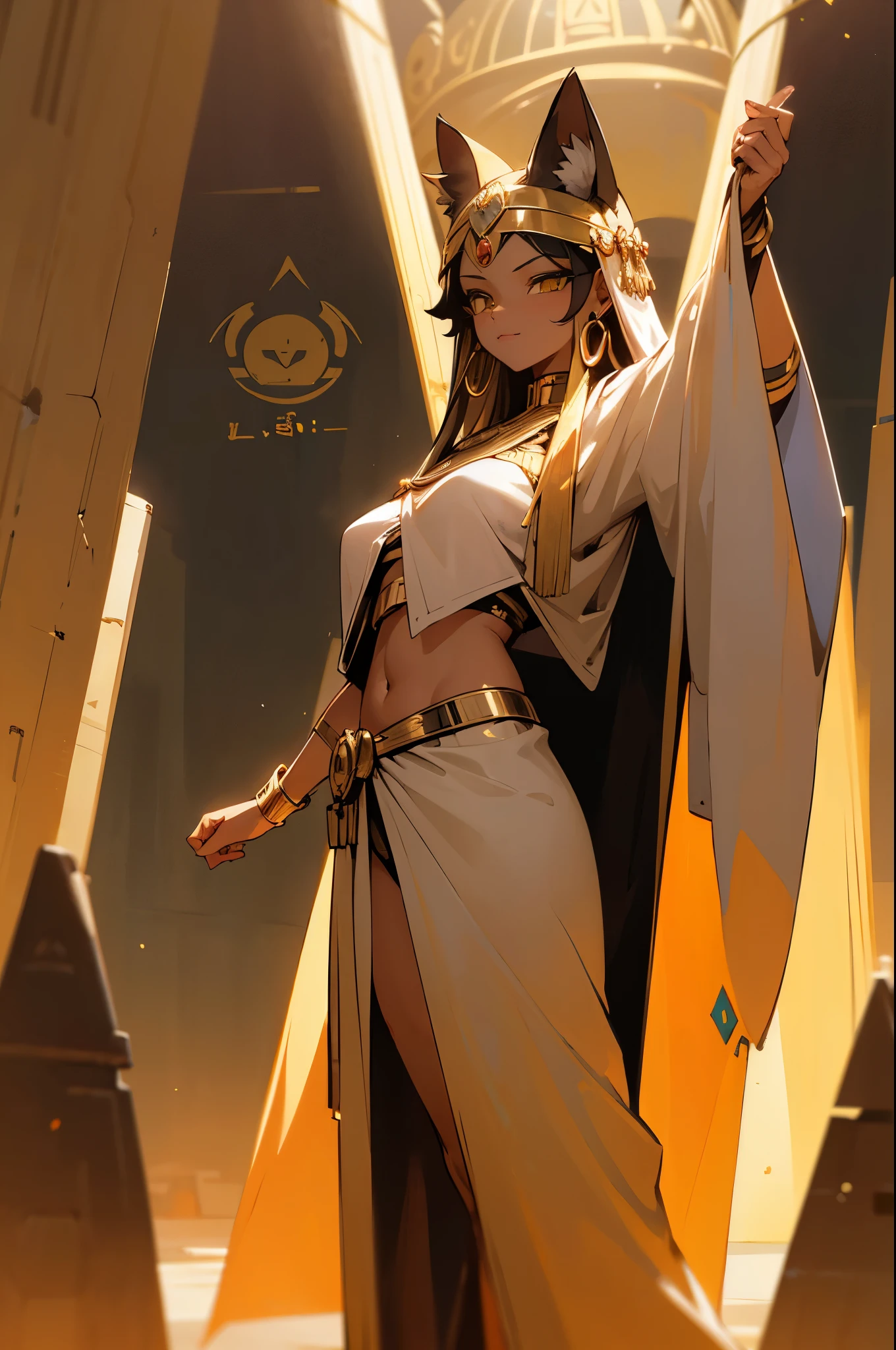 (((Sekhmet))) La mejor calidad, ((wearing a robe)), short black hair and cat ears. She wears gold jewelry, super high resolution, CG detallado 4K, Obra maestra, Mujer, Diosa felina, Pharaonic crown, Adorno, Ropa egipcia, Egyptian mythology, Entai, desert, aesthetics, ((Cabeza felina )), cuerpo completo, hermosa imagen, remote camera