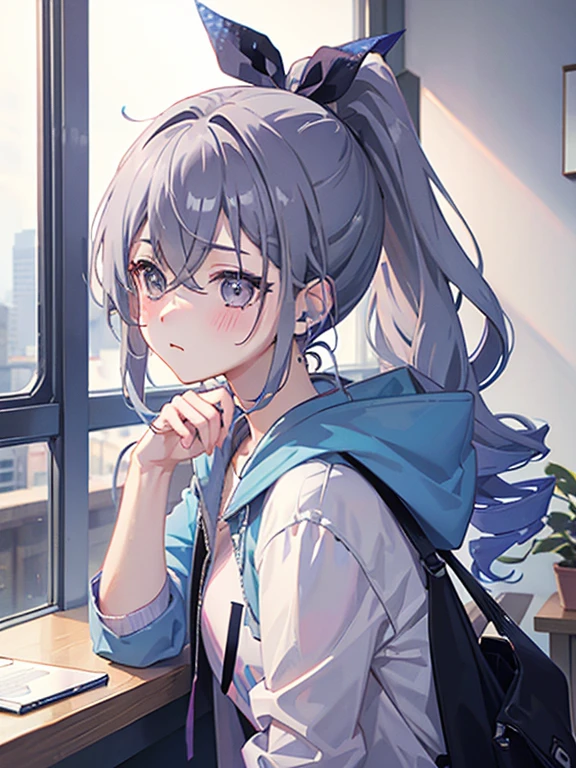 One girl、drill ponytail、PastelColors、Cute、blush, hoodie, listening music
