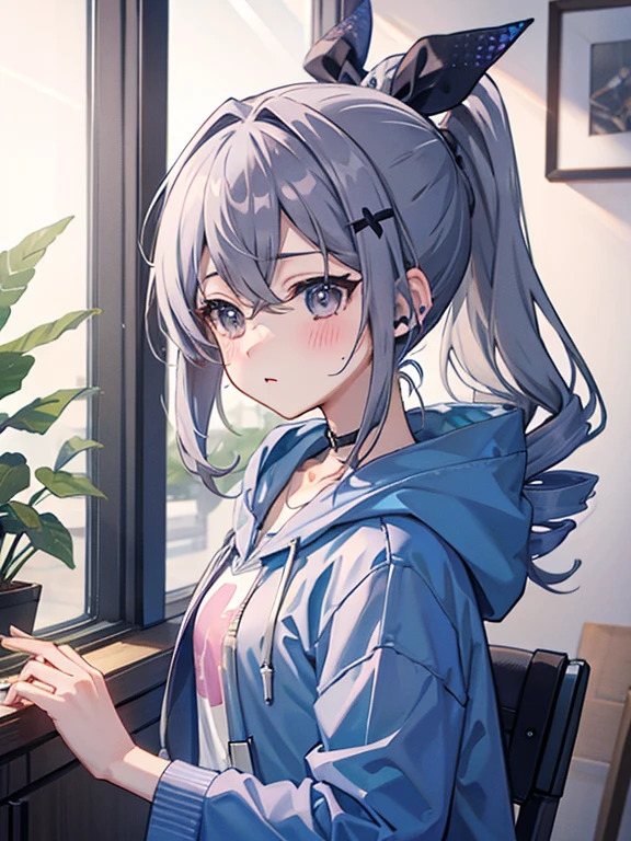 One girl、drill ponytail、PastelColors、Cute、blush, hoodie, listening music
