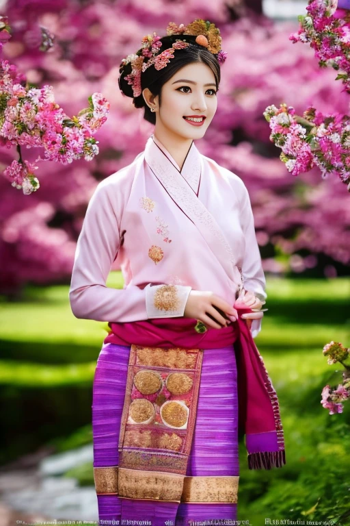 (best quality,4k,8k,highres,masterpiece:1.2),ultra-detailed,(realistic,photorealistic,photo-realistic:1.37),portraits,(vibrant colors,colorful),soft sunlight,gentle breeze,Tai Khun traditional outfit,happy expression,pink and purple flowers,blooming cherry blossom trees,atmospheric background,joyful atmosphere,serene environment,captivating scenery,fine brush strokes,graceful posture,ornate patterns,delicate ornaments,eye-catching details,ethereal beauty,natural beauty,harmonious composition,artistic style,lively and lifelike depiction,lovely smile,naturalistic lighting,subtle color grading,sumptuous and flowing fabrics,traditional accessories,feminine charm,graceful movement,serene gaze,peaceful ambiance,tranquil setting,expressive eyes,breathtaking landscape,vibrant springtime colors,traditional culture,harmony between human and nature.