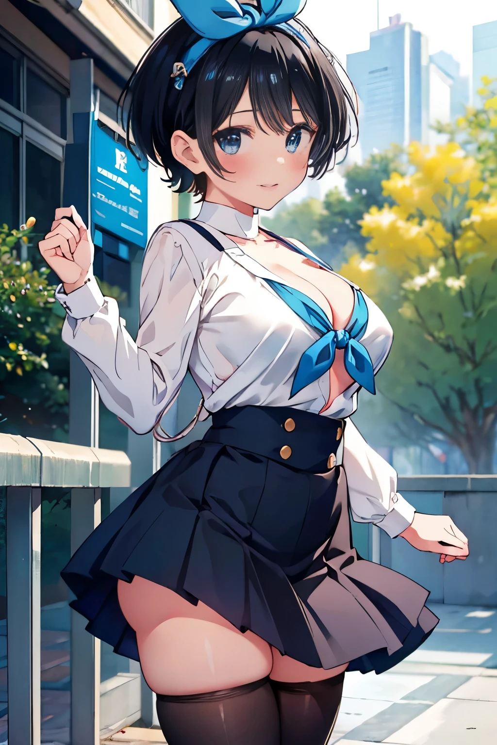 Main piece、high quality、High resolution、1 girl,single, Ruka Sarashina、jewelry、skirt、Sailor uniform that exposes the chest、ネイビーのプリーツskirt、black hairの女性、short hair、black hair、black pantyhose, blue eyes, long sleeve,, bow, bow, blue hair band, bangs, big full breast, cleavage, Medium waist, medium hips, wide thighs, Cowboy photos, smile, fascinating, embarrassing, blush、In town、lots of people、crowd, looking at the viewer,from below、Low - Angle,very big breasts、cleavage、no bra、no panties、no panties、非常に短いskirt、nipple、nippleを出す、nippleからミルクが吹き出す、nippleからミルクが滴る