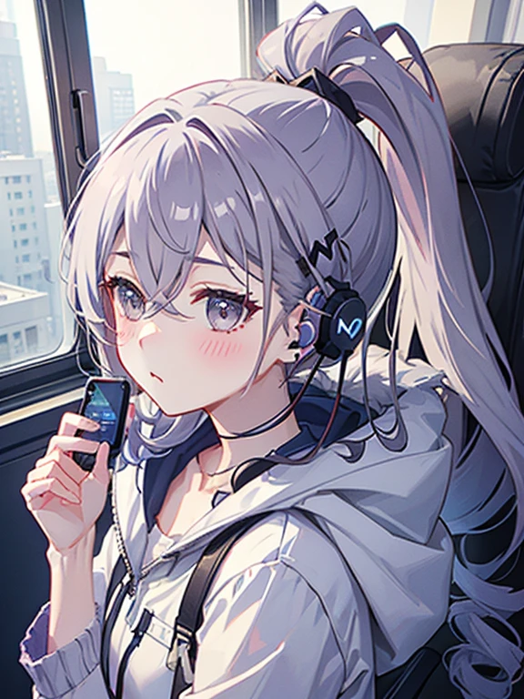 One girl、drill ponytail、PastelColors、Cute、blush, hoodie, listening music, earphone