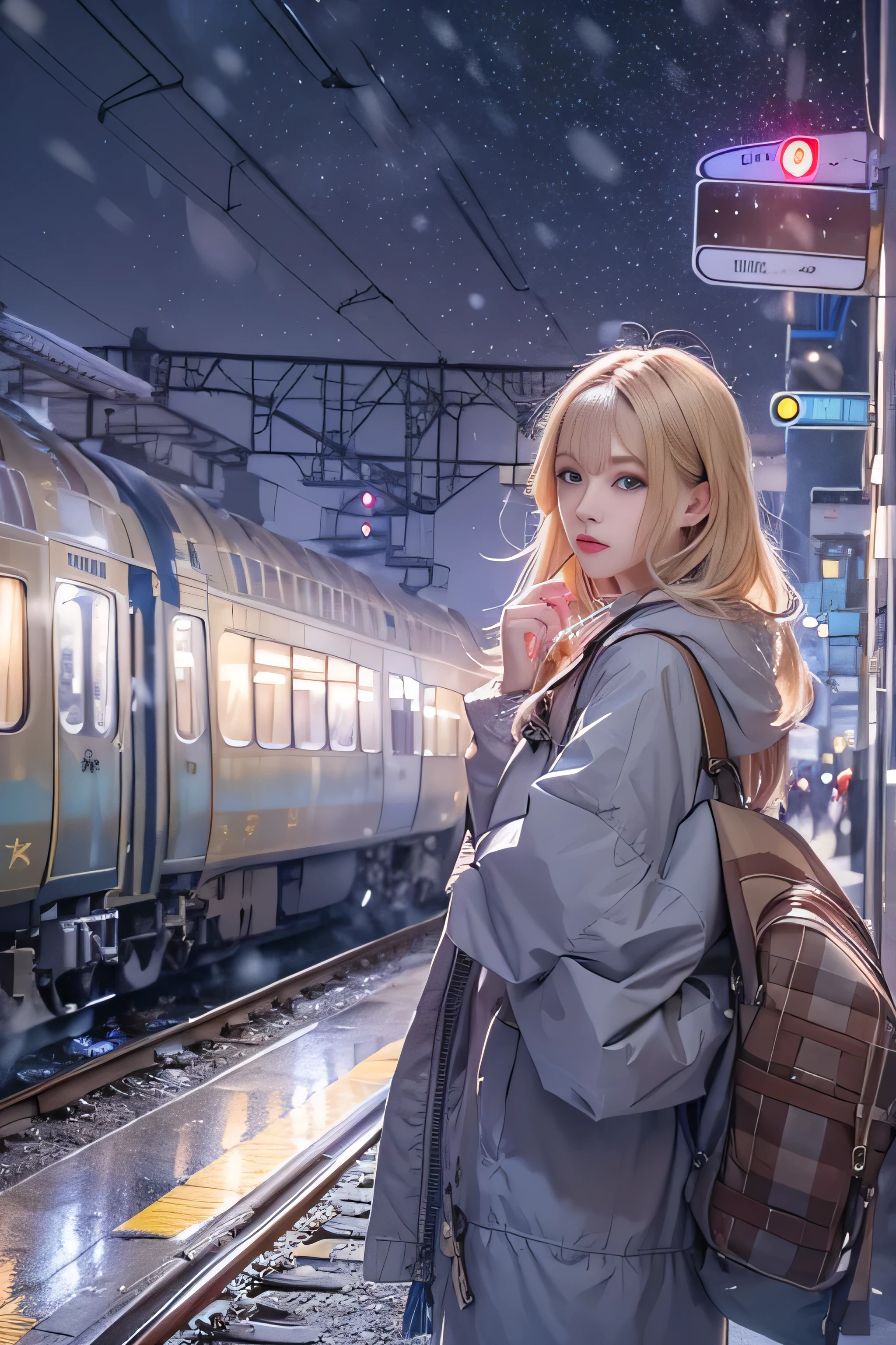 1 female、(european:2.2)、Early 20s、(super beautiful)、(super beautiful顔)、(golden middle hair)、(blue eyes)、wearing makeup、Standing on the station platform in the big city at night、The background is a stopped train、shallow depth of field、(that&#39;It&#39;s snowing:1.1)、(upper body shot)