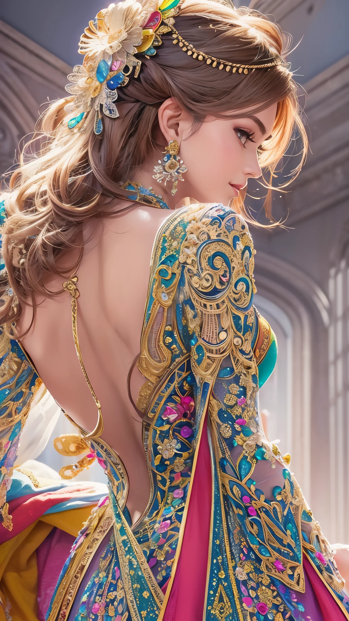 ((highest quality)),(ultra high resolution),(Super detailed),(detailed description),((best CG)),(best work of art),super precision art,great drawing art,(Art with precise details:1.5), (1 noblewoman:1.6),beautiful and well-shaped face:1.5,light makeup:1.6,(Colorful backless dress with intricate details:1.8),coiffed hair:1.6, old castle balcony:1.5,sunset sky:1.5