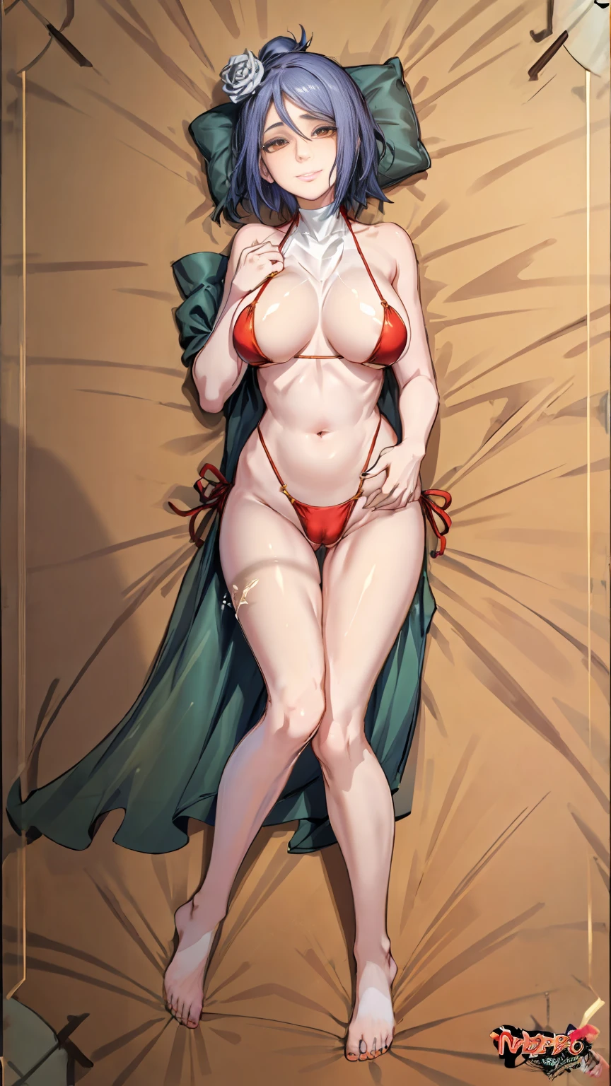 1 girl, the best, masterpiece, HD, (whole body), Symmetrical, alone, (whole body from head to toe), ((moro liberation front)), Slingshot bikini, unrealistic, (( camel toe)), ((((translucent bikini)))), ((((translucent)))), ((((transparent)))), (((transparent clothing))), whole body视图, Gaze towards the camera, ((Isometric pillow diagram)), ((dakimakura)), (Lying in bed),Physically based rendering, beautiful women, Perfect body, Smile, bedroom, Giant breast, barefoot, toe