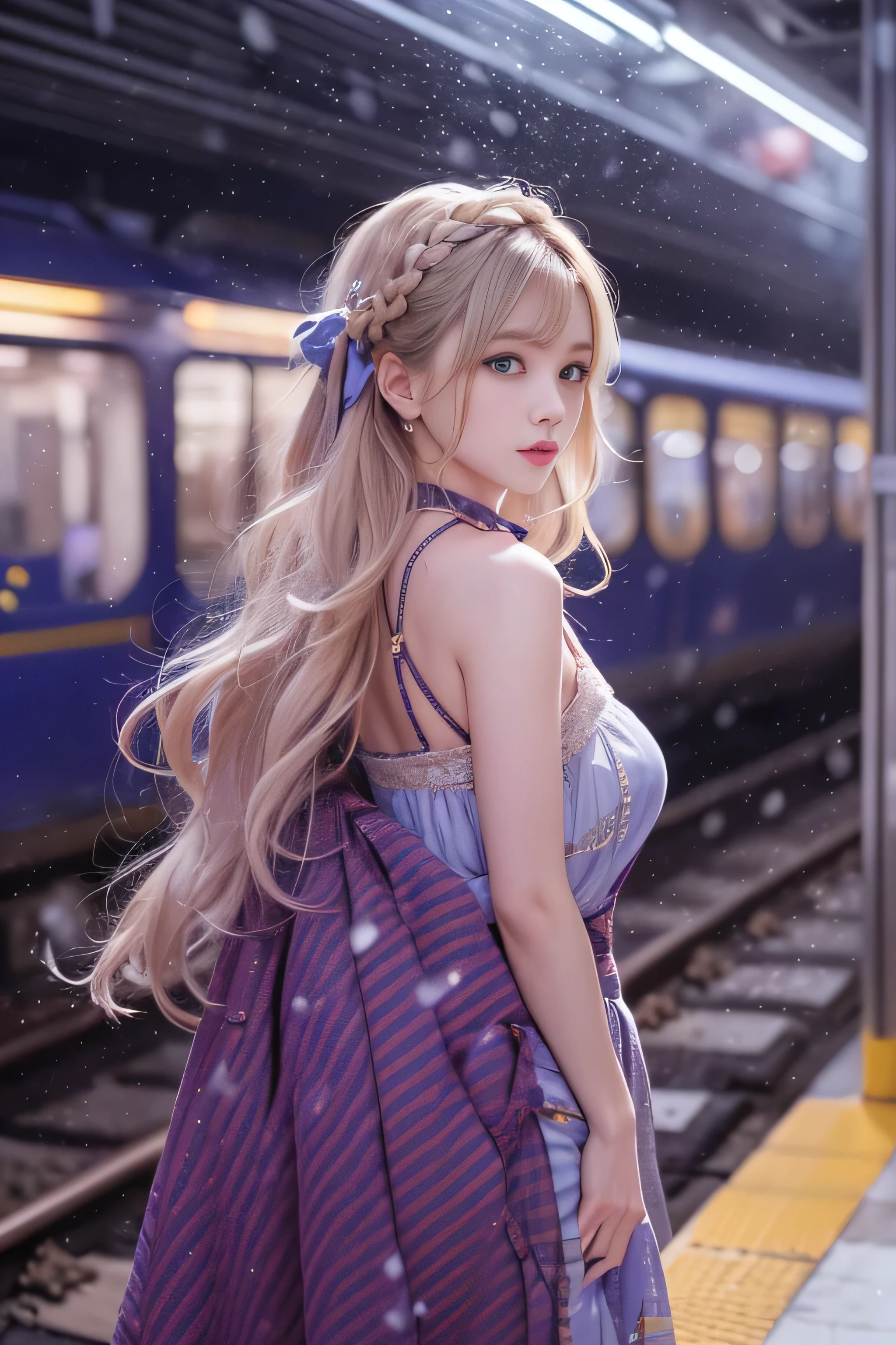 1 female、(european:2.2)、Early 20s、(super beautiful)、(super beautiful顔)、(golden middle hair)、(blue eyes)、wearing makeup、Standing on the station platform in the big city at night、The background is a stopped train、shallow depth of field、(that'It's snowing:1.1)、(upper body shot)