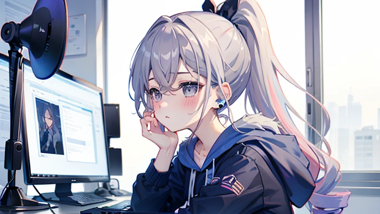 One girl、drill ponytail、PastelColors、Cute、blush, hoodie, listening music, earphone
