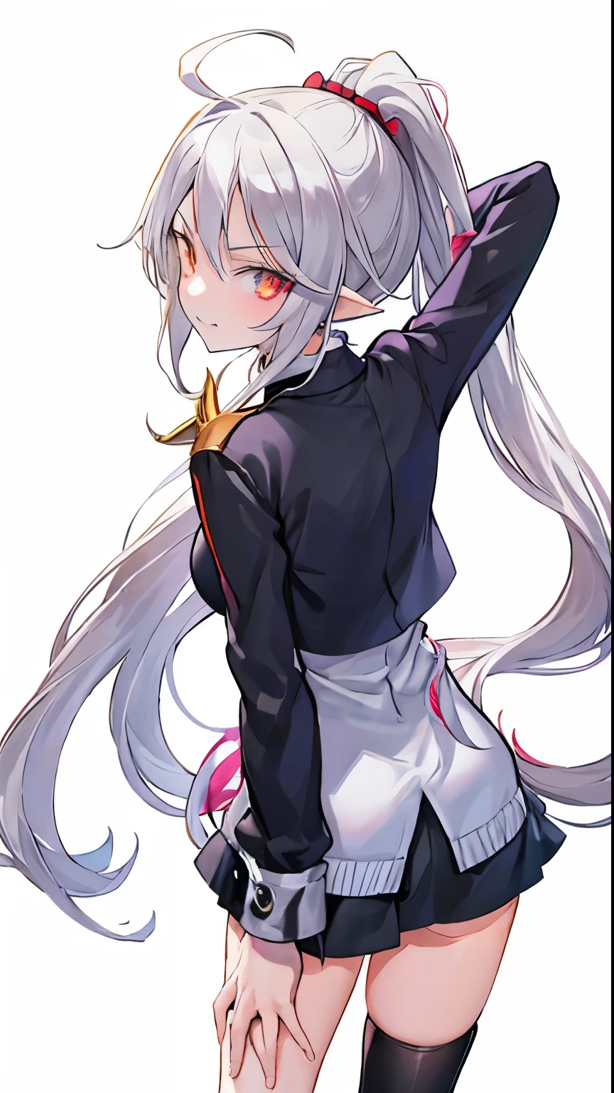 1girl, {solo}, upper body ,{{ {looking at viewer}}},{{{golden pupil}}}, arm at side, concept art, white background, simple background, white hair, silver gradiient hair , gold eye,complex cloth, asymmetrical clothes, virtual youtuber, best quality, masterpiece, dynamic angle, disgaea style, disgaea style, disgaea style, from above, leaning forward, high ponytail, cowboy_shot, looking_back, grabbing, girl,woman,female, young,20 years old, very long hair, flipped hair, silver hair, flowing hair, ahoge, smirk, beautiful and delicate golden eyes, teeth, medium_breasts, blonde eyes, grey Clothes, grey coat, whiteshirt, black trousers, open jacket, black Clothes,transparent_background, backlighting, absurdres, highres, ultra detailed,