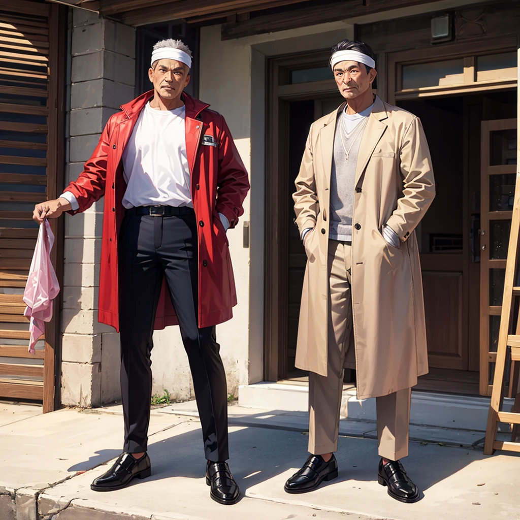 highest quality、muscular 50 year old man、A master carpenter with a twisted headband、happi coat、carpenter&#39;s pants、tanned skin