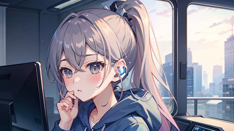 One girl、drill ponytail、PastelColors、Cute、blush, hoodie, listening music, earphone