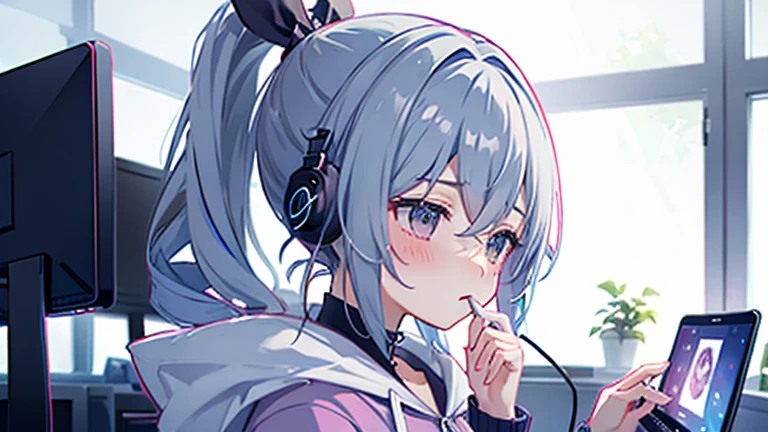 One girl、drill ponytail、PastelColors、Cute、blush, hoodie, listening music, earphone