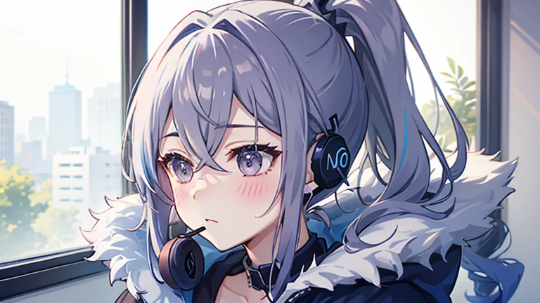 One girl、drill ponytail、PastelColors、Cute、blush, hoodie, listening music, earphone