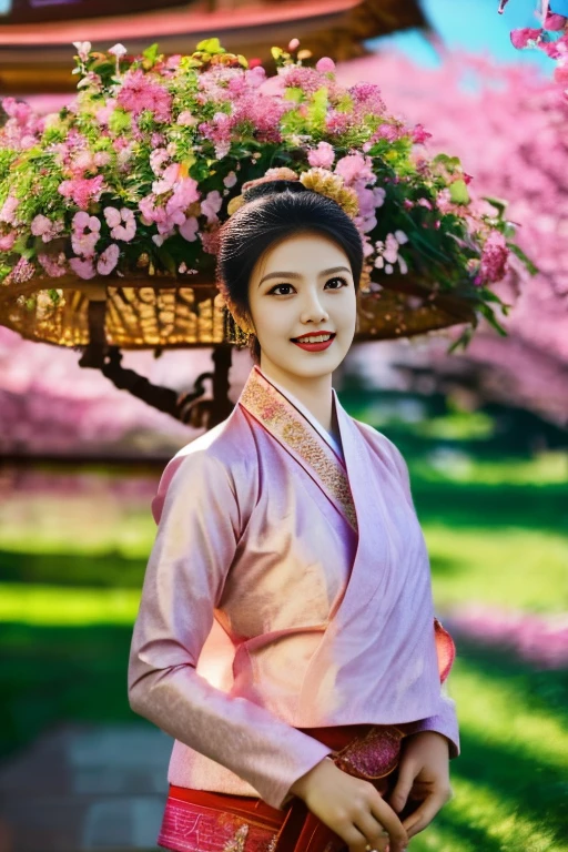 (best quality,4k,8k,highres,masterpiece:1.2),ultra-detailed,(realistic,photorealistic,photo-realistic:1.37),portraits,(vibrant colors,colorful),soft sunlight,gentle breeze,Tai Khun traditional outfit,happy expression,pink and purple flowers,blooming cherry blossom trees,atmospheric background,joyful atmosphere,serene environment,captivating scenery,fine brush strokes,graceful posture,ornate patterns,delicate ornaments,eye-catching details,ethereal beauty,natural beauty,harmonious composition,artistic style,lively and lifelike depiction,lovely smile,naturalistic lighting,subtle color grading,sumptuous and flowing fabrics,traditional accessories,feminine charm,graceful movement,serene gaze,peaceful ambiance,tranquil setting,expressive eyes,breathtaking landscape,vibrant springtime colors,traditional culture,harmony between human and nature.