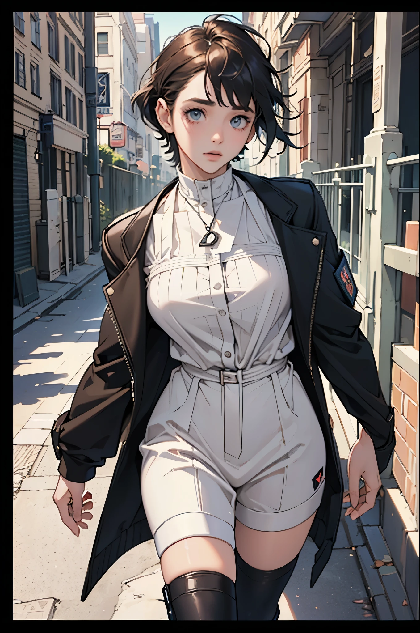 Anime girl in short shorts and jacket walking down a street - SeaArt AI