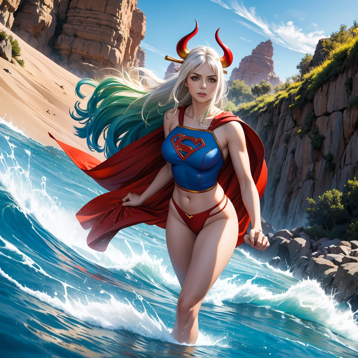 Detalhado cabelo branco longo, tamanho de arquivo enorme, 1girl, demon girl, Superhero Supergirl, terno Supergirl, capa vermelha, S do super-homem no peito, blue swimsuit, saia azul, botas vermelhas, ultra sexy hiper sedutora, (Desert Oasis:1.1), Rosto extremamente detalhado, Foto RAW, filmic grain, master part, UHD, HDR, skin pores, maquiagem sedutora escura requintada, delineador escuro, buffalo horn with red tips ((longos cabelos brancos)), poses femininas sensuais sem vergonha, ((seios muito firmes)), (((tonificado, Impeccable, encaixe, corpo perfeito e anatomia;))), ((Olhando para o Viewer)), ((hiper sedutor)), profundidade de campo, alto, sexy , realismo, VFX, Volumetric lighting, volumetric light, volumetric, natural lighting, Detalhado e intrincado, Detalhes intrincados, quantidade absurda de detalhes, absurdos, high resolution, na cidade