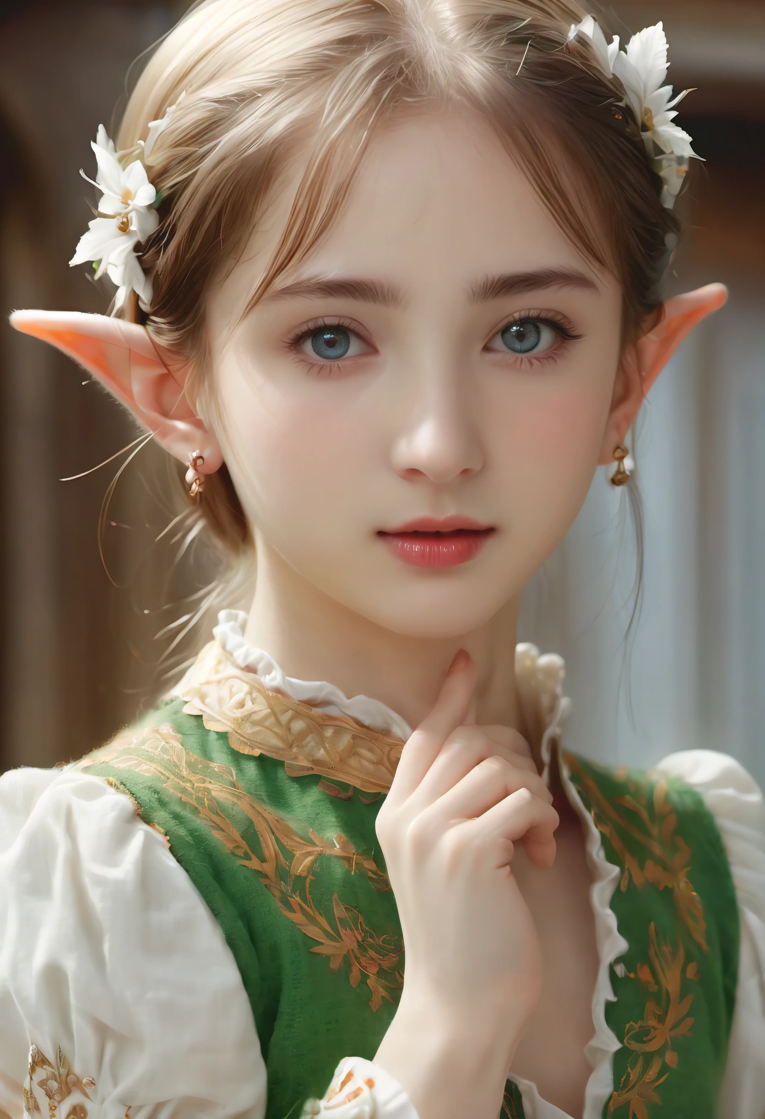 (Masterpiece in maximum 16K resolution:1.6), (intricate detail:1.4), (extremely insane detail:1.4),(highest quality:1.3),(Hyper_realistic:1.3). | 16k UE5,editorial photograph, superfine, Depth of field, Nikon D850, Ultra-realistic, no contrast, clean sharp focus, professional, No blurring. | ((A view of pretty female elf):1.5), in victoria secret lingerie with white handgloves, a room full of delicate feathers, as delicate feathers floats around, each feather detailed and rendered with a masterful gouache technique, victoria secret ornament everywhere, great environment, subtly dark,victoria secret art behance,surreal, It gives a sexy aura. | ultra-realistic skin texture, ultra-realistic eyes glow, ultra-realistic hair texture, big eyes, clear double eye lids, eyelashes, ears out,Attractive proportions,golden ratio face, perfect face,lip gloss, pale lips. | She is adopting a ((dynamic_pose as interacts, boldly dancing a folk dance, moving her body in an exciting way):1.3),((perfect_pose)), ((looking dreamily into the distance)),((full body)), perfect_fingers, perfect_legs, perfect_hands, More Detail.