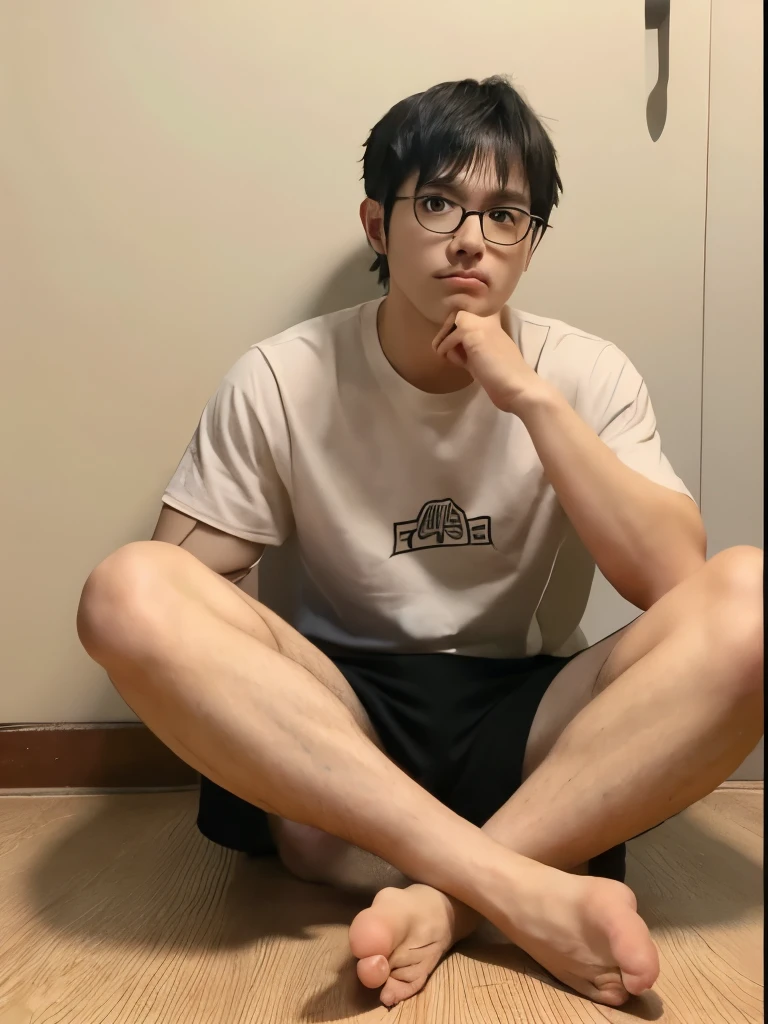 Fold your hands in front of you, whole body, Barefoot, hairy legs, muscular and toned legs, long legs, Wearing shorts, 27 years old, adult male, Japanese, black hair, short hair, Thin beard, black rimmed glasses, round face face