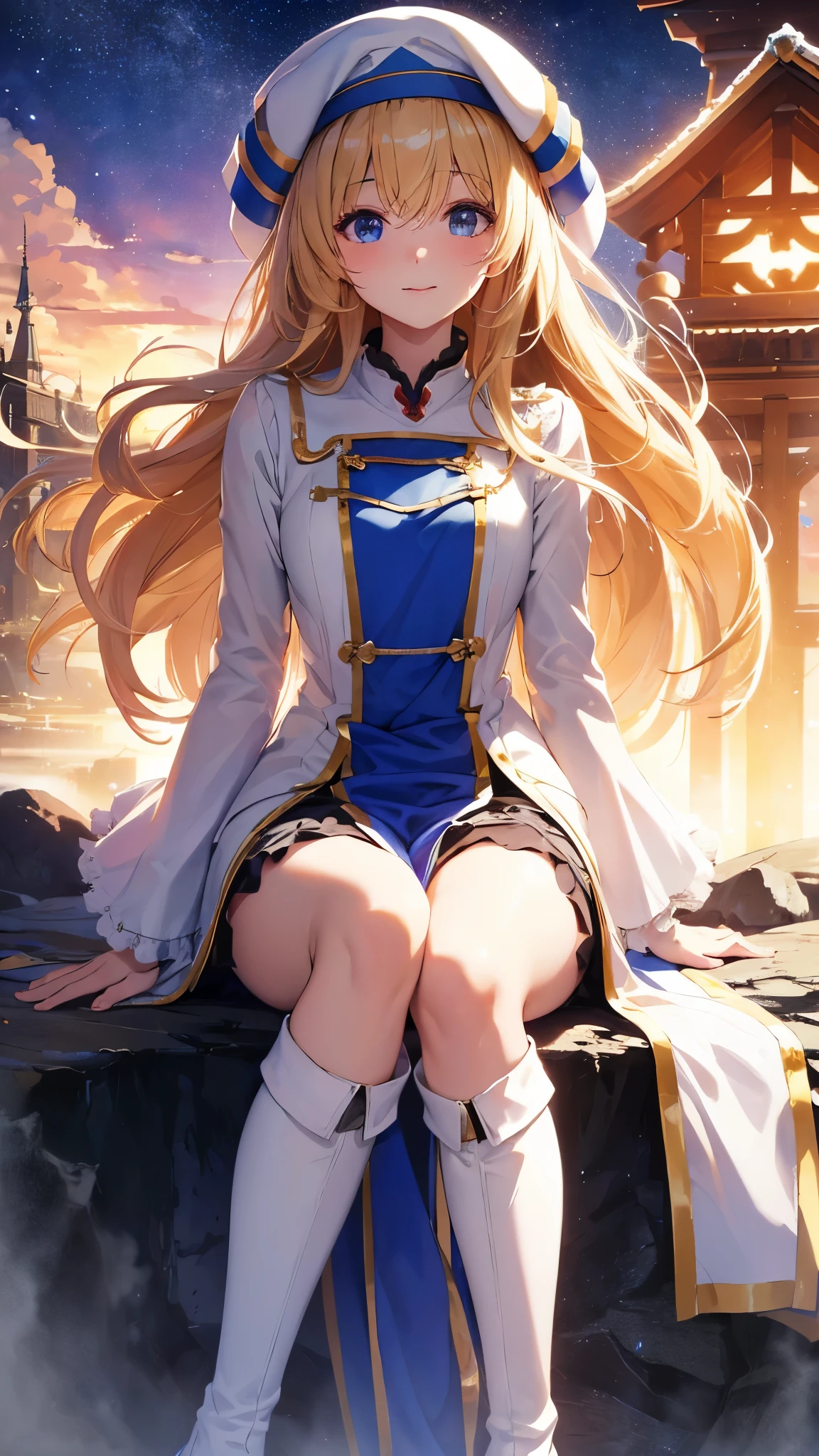 highest quality、best image quality、In 8K,4K,masterpiece、super detailed、beautiful、super high quality、nice,game CG,beautiful***,five fingers,(upper body:1.3),shrine maiden, blonde hair, blue eyes, long hair, hair between eyes,magic wand to grab,smile,Knee-high boots, dress, frills袖, frills, have, white hat, pelvic curtain, high heels, robe, thigh boots, white thighs, long sleeve, puffy sleeves,hair blowing in the wind、starry sky,Mysterious space,(sitting on  big rock),own hands clasped,light powder