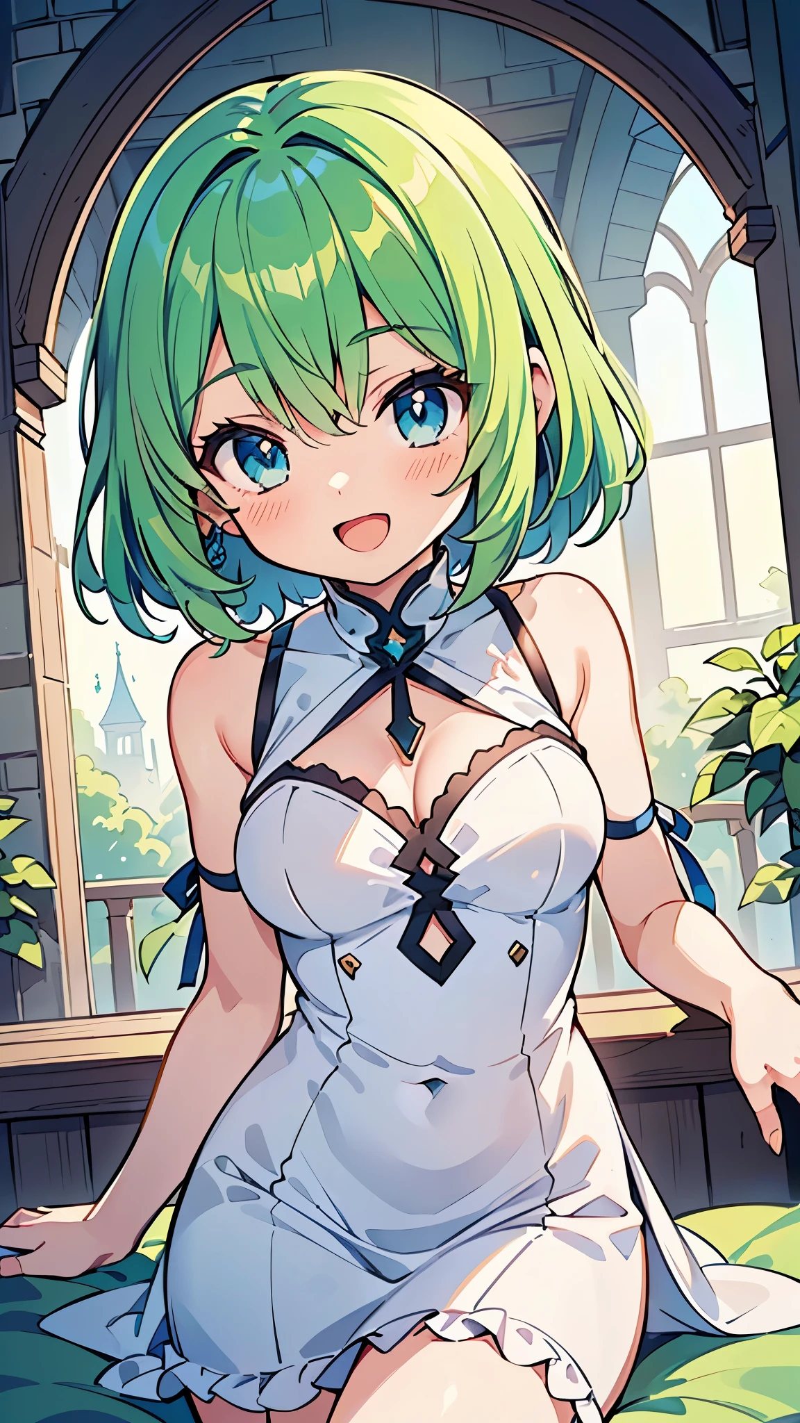 ((A Pretty girl with green hair and blue eyes)), wearing White one-piece dress, Loli face, ((master piece, top-quality, ultra-definition, high resolution)), anime girl, ((ultra-detailed illust:1.2)), only one person, bangs, hair between eye, beautiful hair, Beautiful eyes, Medium breasts, Big smile, opened mouth, enjoying, castle