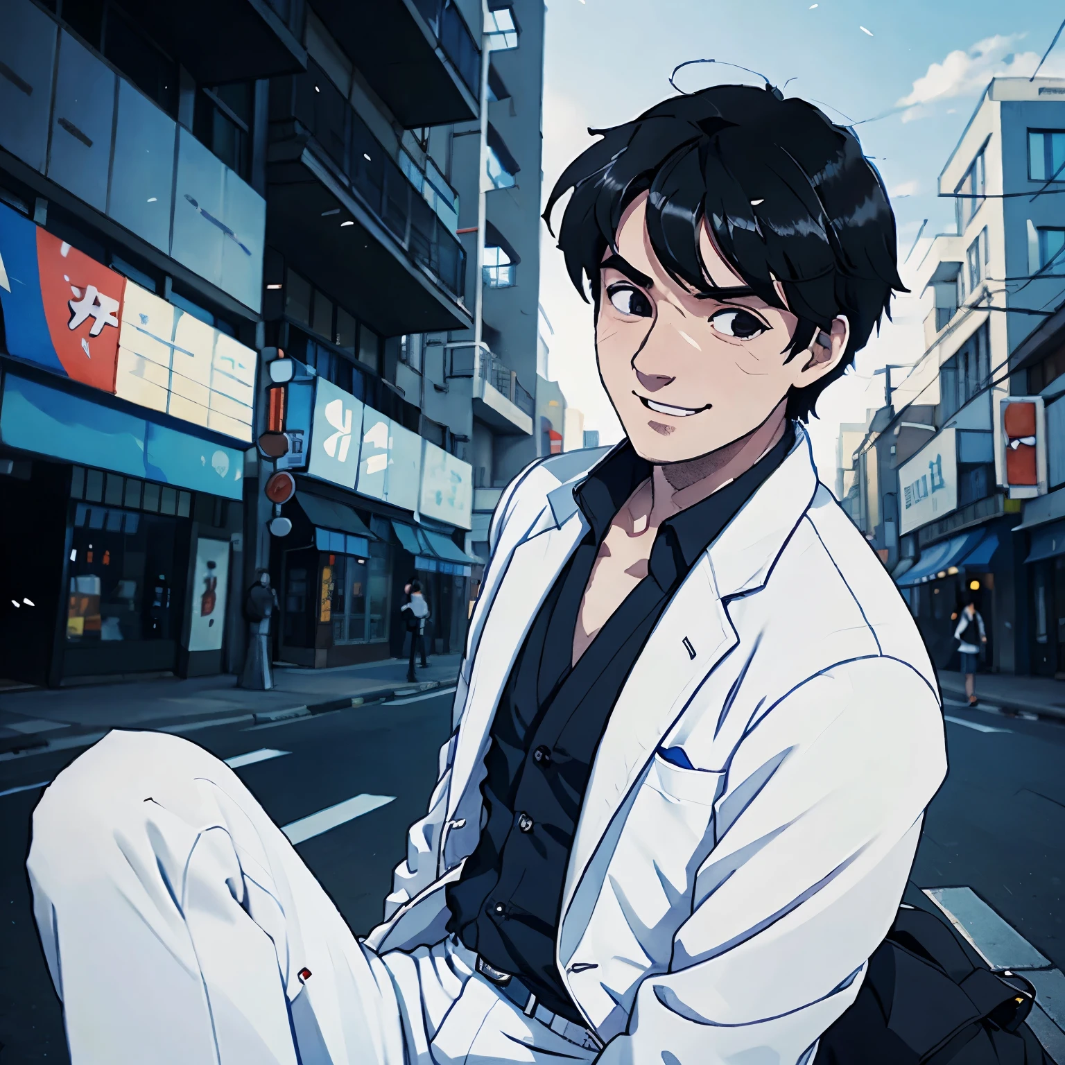 1 animated guy, white blazer, looking to the camera, combet black hair, smiling, sitting, 2 blue katanas on his back, blurry city backround, anime, anime character, profile picture,