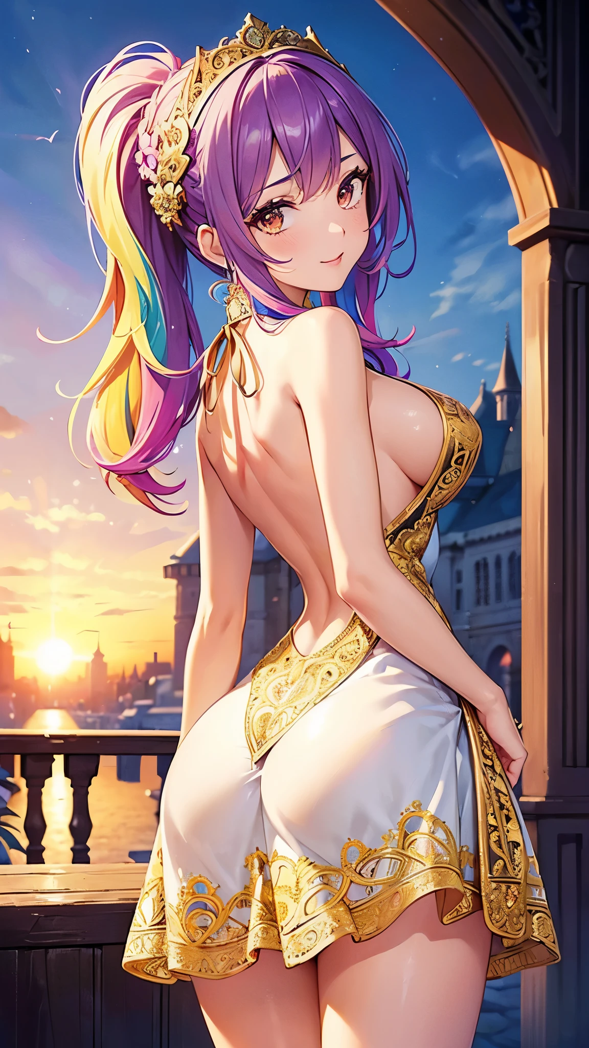 ((highest quality)),(ultra high resolution),(Super detailed),(detailed description),((best CG)),(best work of art),super precision art,great drawing art,(Art with precise details:1.5), (1 noblewoman:1.6),beautiful and well-shaped face:1.5,light makeup:1.6,(Colorful backless dress with intricate details:1.8),coiffed hair:1.6, old castle balcony:1.5,sunset sky:1.5