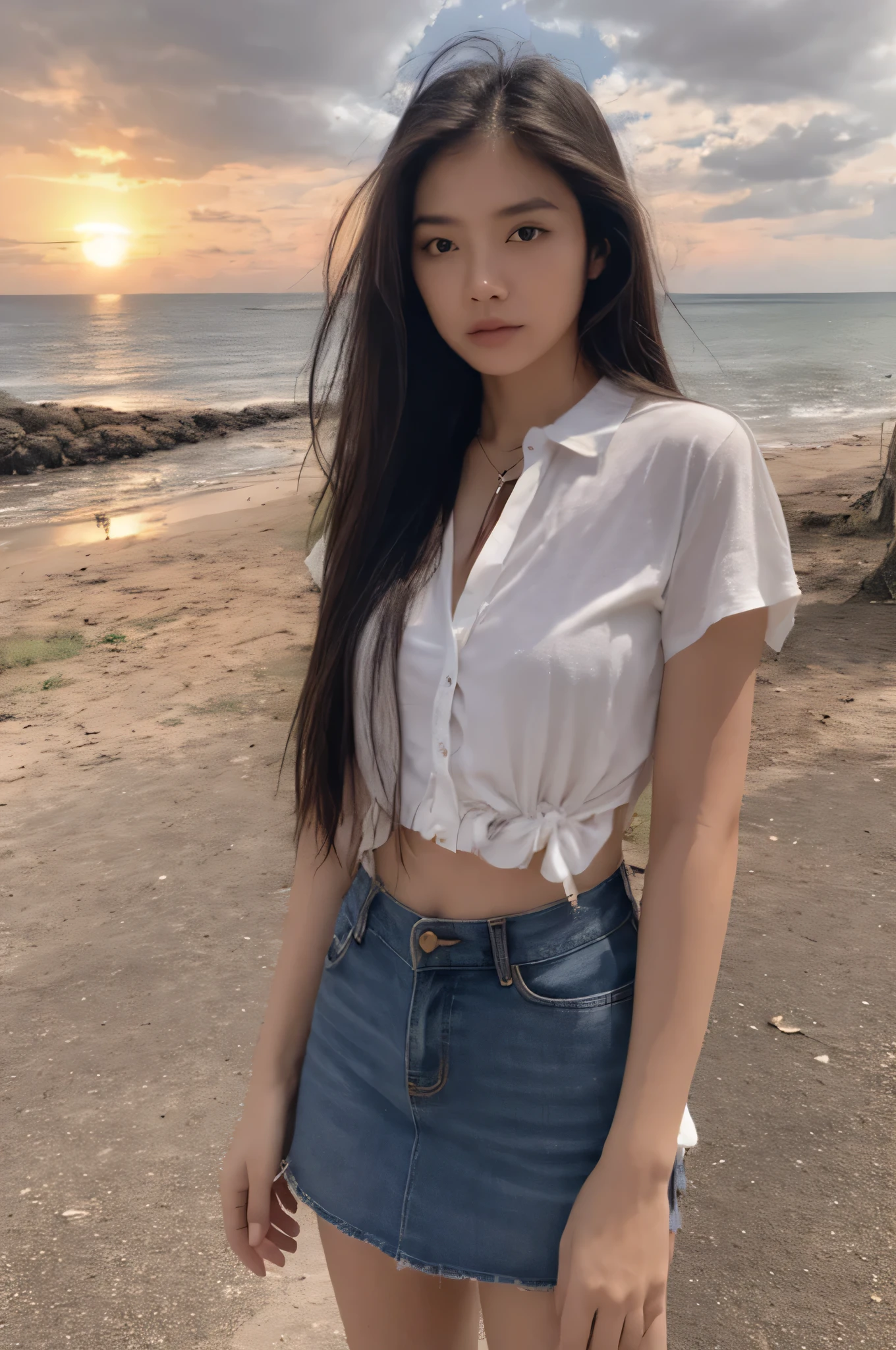 Thai Woman, look at viewer, long hair, shirt, mini skirt, sunset, ocean, beach, sad,