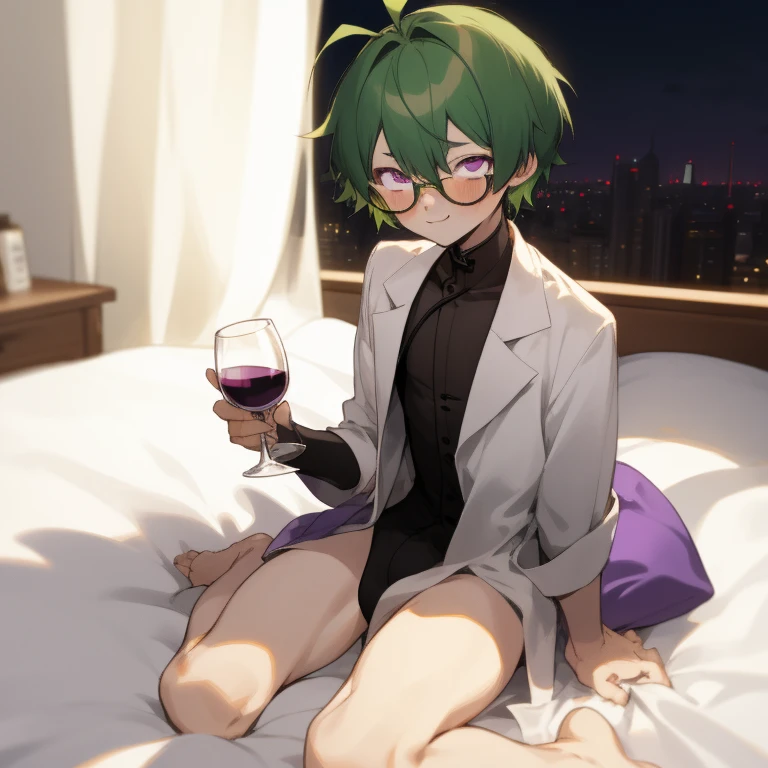 A shota boy,green hair,short hair,wearing a black circle glasses,two green antenna,purple eyes,cute,white skin,nude,sitting on the bed,innocent,smiling,night in shanghai,hold a cup of wine,blush,drunk,wearing stock