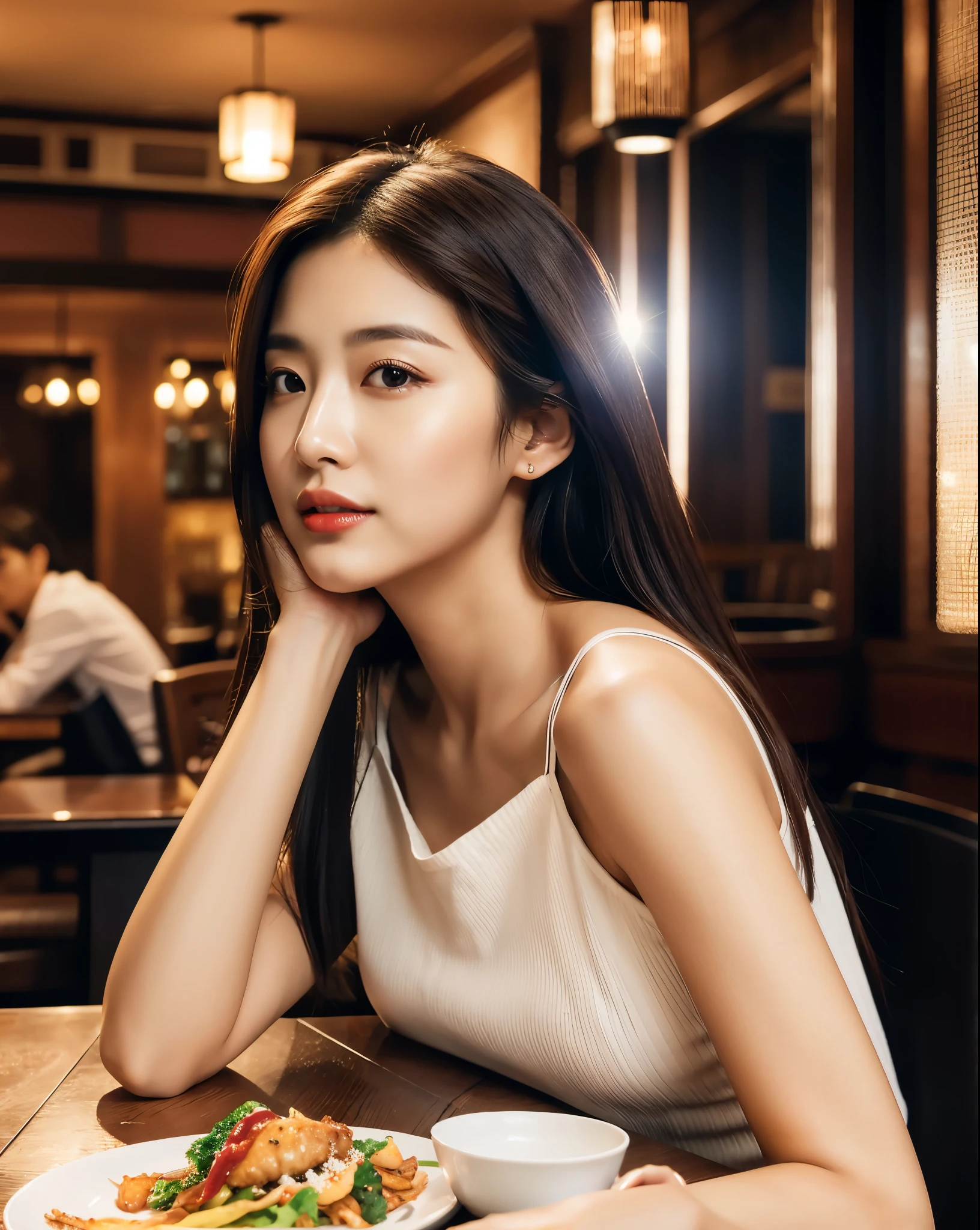 korean woman is posing in front of the restaurant table, very beautiful face, (photo realistic:1.4),(masterpiece, 4K, best quality, ultra detailed),studio shoot,pictorial,photography,realistic eyes, Ultra-Detailed Face, Detailed Lips, normal hand, glossy lips, glossy face, simple background