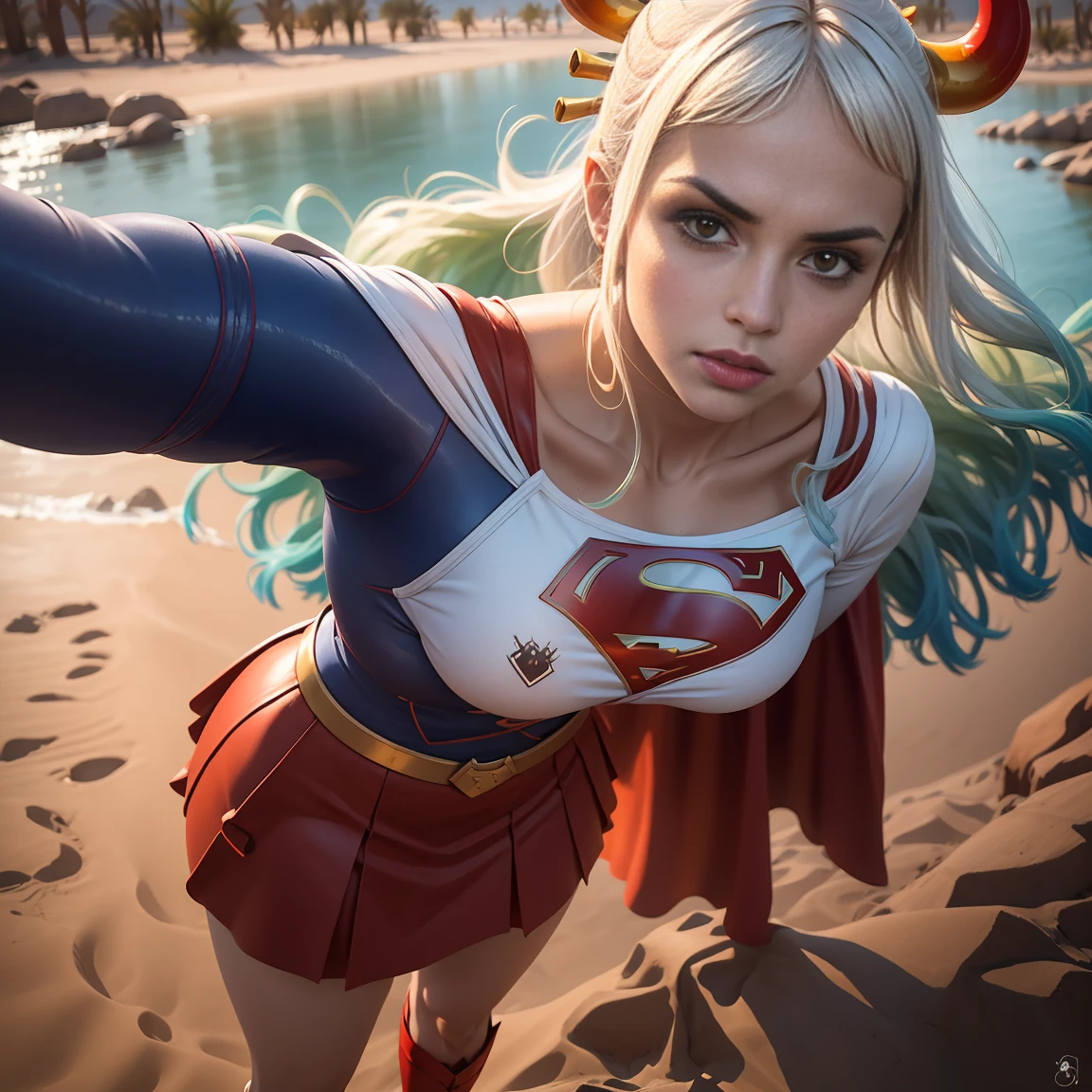 Detalhado cabelo branco longo,  tamanho de arquivo enorme, 1girl, demon girl, Superhero Supergirl, terno Supergirl, capa vermelha, S do super-homem no peito, blue swimsuit, Red skirt, botas vermelhas, ultra sexy hiper sedutora, (Desert Oasis:1.1), Rosto extremamente detalhado, Foto RAW, filmic grain, master part, UHD, HDR, skin pores, maquiagem sedutora escura requintada, delineador escuro, buffalo horn with red tips ((longos cabelos brancos)), poses femininas sensuais sem vergonha, ((seios muito firmes)), (((tonificado, Impeccable, encaixe, corpo perfeito e anatomia;))), ((Olhando para o Viewer)), ((hiper sedutor)), profundidade de campo, alto, sexy , realismo, VFX, Volumetric lighting, volumetric light, volumetric, natural lighting, Detalhado e intrincado,  Detalhes intrincados, quantidade absurda de detalhes, absurdos, high resolution, na cidade