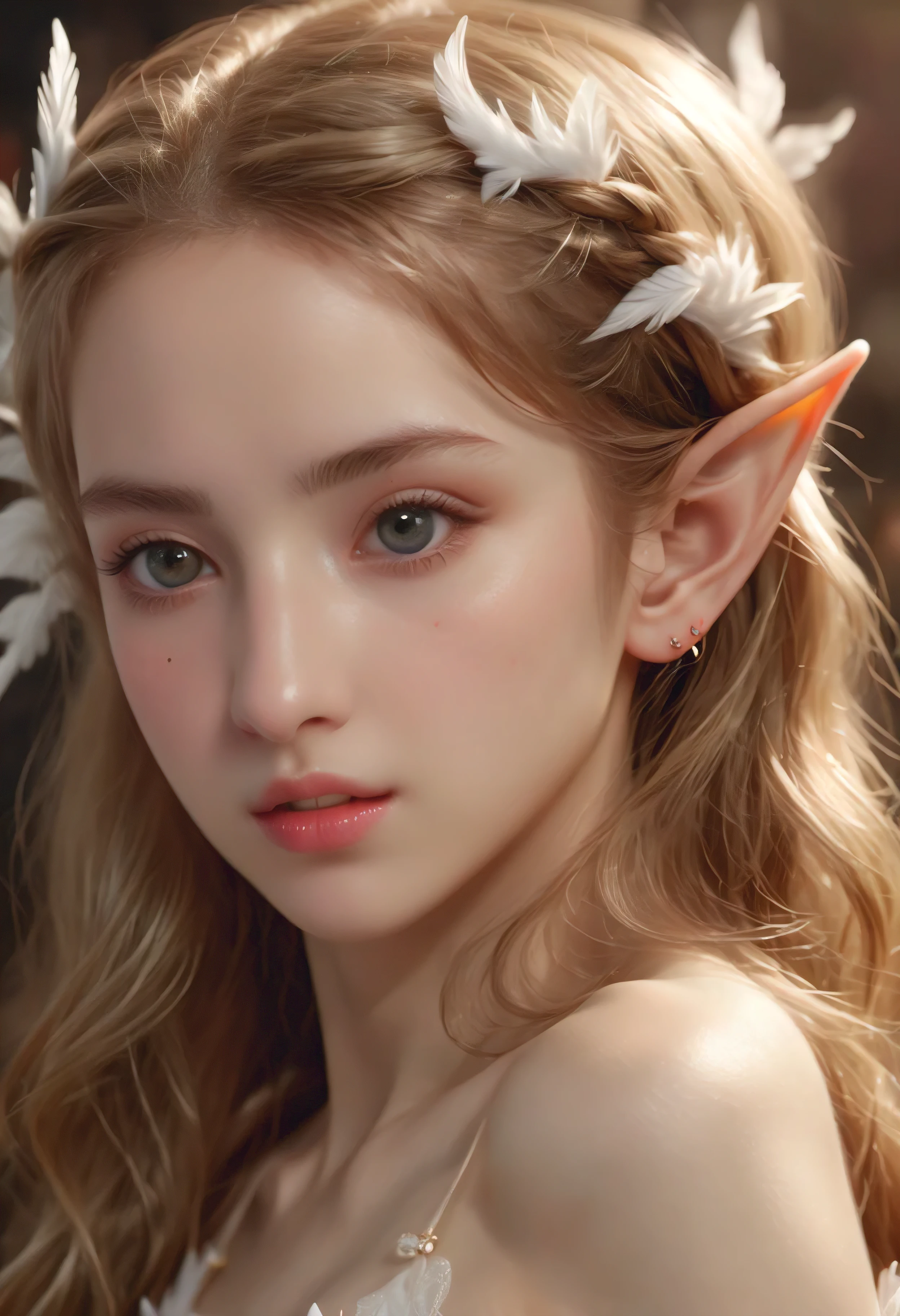 masterpiece ,best quality,ultra-detailed,8K,detailed light, detailed shadow, RAW, (detailed skin), (realistic:1.2), 1 Russian girl, pretty face,24 years old, blonde hair, long hair, green eyes, elven ears, intricate filigree dress, zoomed in shot, close-up shot,