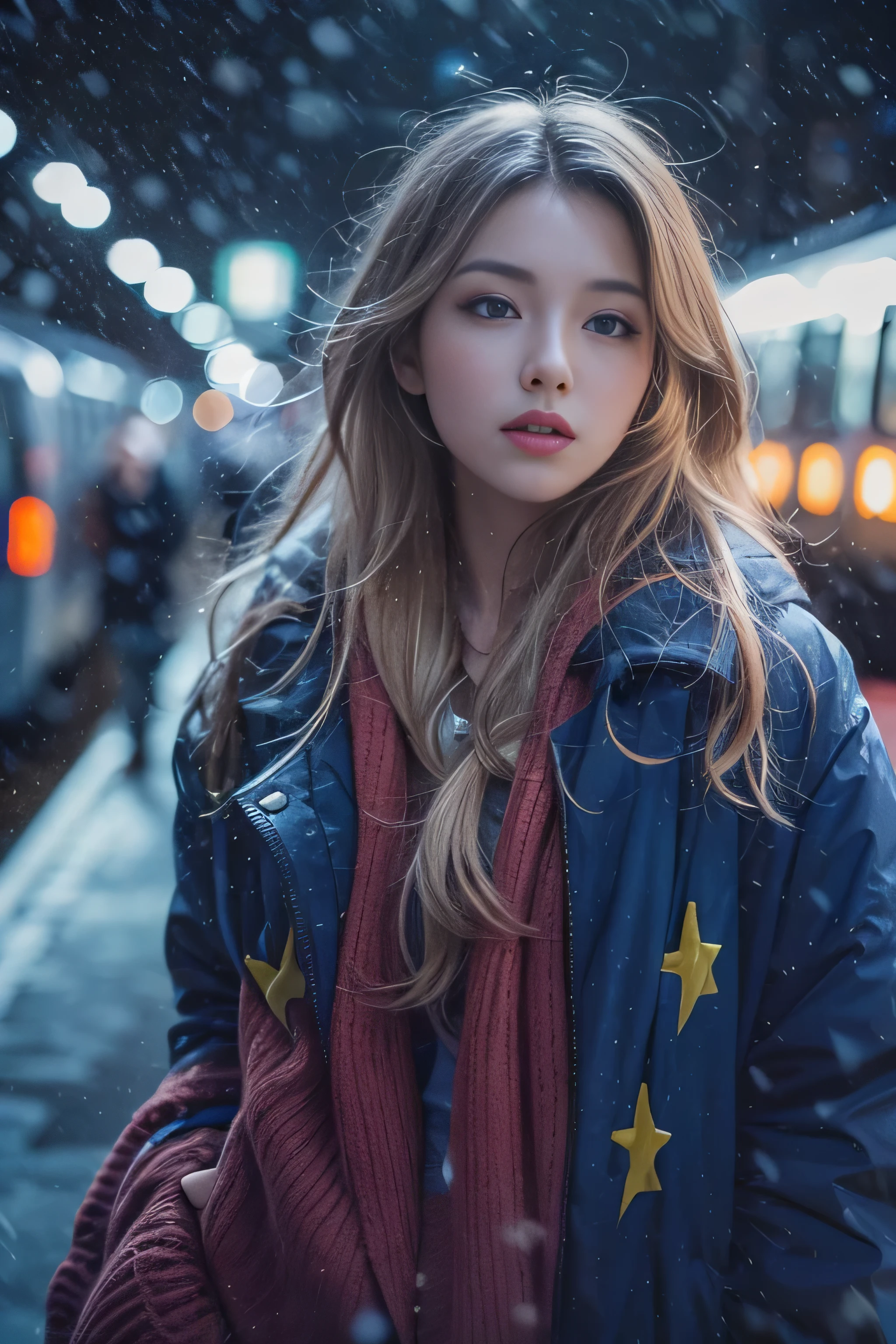 1 female、(european:2.2)、Early 20s、(super beautiful)、(super beautiful顔)、(golden middle hair)、(blue eyes)、wearing makeup、Standing on the station platform in the big city at night、The background is a stopped train、(shallow depth of field)、(that'It's snowing:1.1)、(upper body shot)