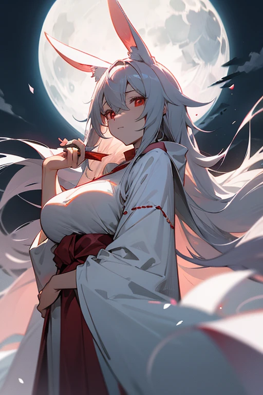 anime, woman, gray hair, White rabbit ears, red eyes, Moonlight night, full moon,long white robes, big breasts, strong, Facing the front