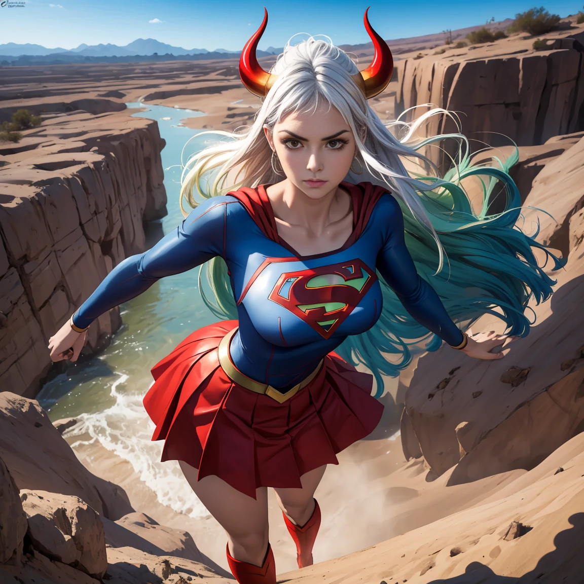 Detalhado cabelo branco longo,  tamanho de arquivo enorme, 1girl, demon girl, Superhero Supergirl, terno Supergirl, capa vermelha, S do super-homem no peito, blue swimsuit, Red skirt, botas vermelhas, ultra sexy hiper sedutora, (Desert Oasis:1.1), Rosto extremamente detalhado, Foto RAW, filmic grain, master part, UHD, HDR, skin pores, maquiagem sedutora escura requintada, delineador escuro, buffalo horn with red tips ((longos cabelos brancos)), poses femininas sensuais sem vergonha, ((seios muito firmes)), (((tonificado, Impeccable, encaixe, corpo perfeito e anatomia;))), ((Olhando para o Viewer)), ((hiper sedutor)), profundidade de campo, alto, sexy , realismo, VFX, Volumetric lighting, volumetric light, volumetric, natural lighting, Detalhado e intrincado,  Detalhes intrincados, quantidade absurda de detalhes, absurdos, high resolution, na cidade