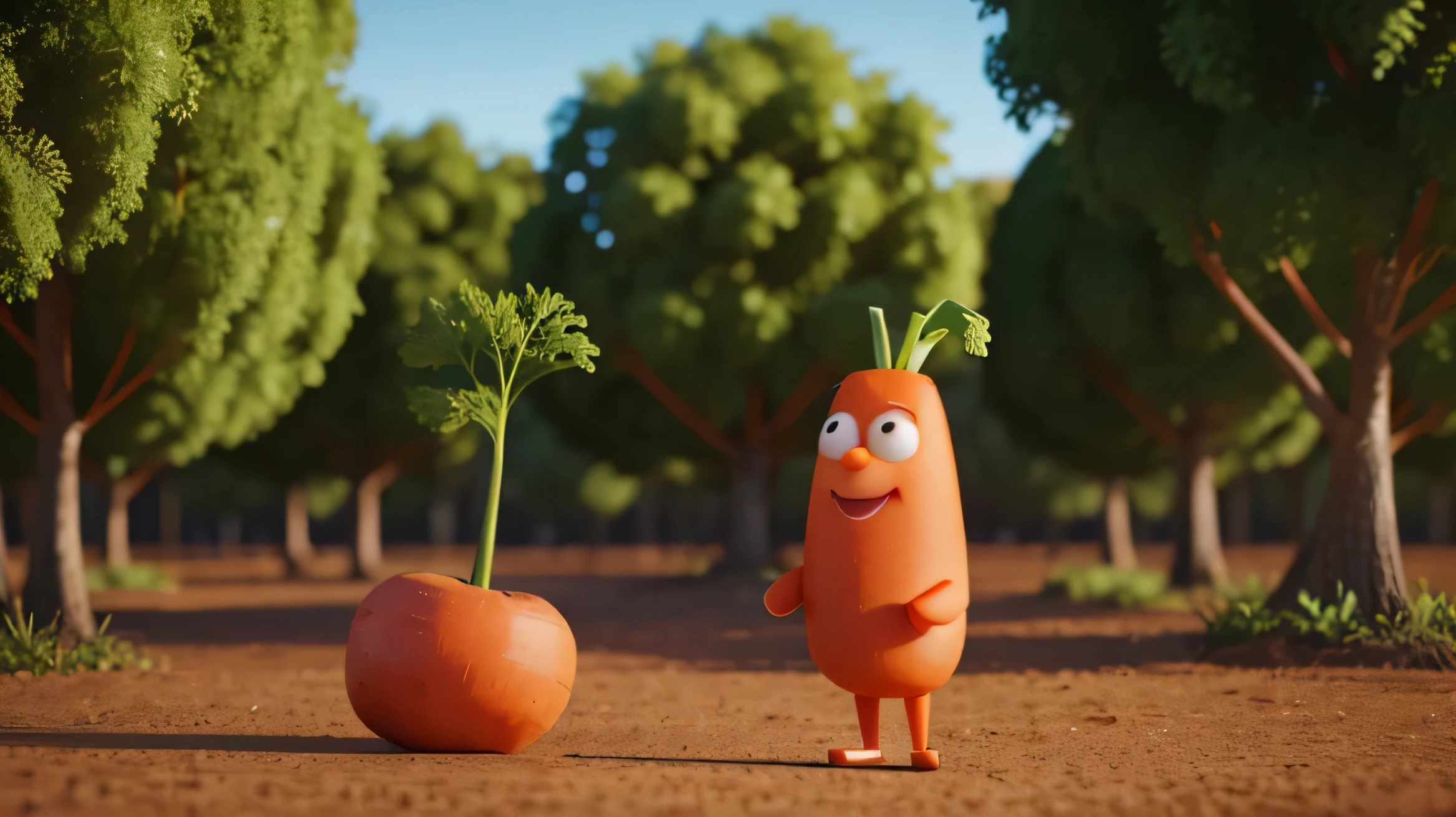 Create a 3D illustration of an animated carrot character and a plantation scene in the background. 