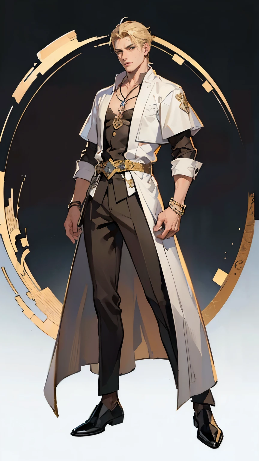 ((masterpiece,best quality,8k,highres)),((character concept art)), 1 male, young adult man, 175 cm height, medium hair, (blonde hair colour), ultra finely detailed eyes (brown eyes colour), extraordinary handsome, (serious),menacing, thin body build, ((intricate detail)), super finely detailed hands, ultra finely detailed fingers(((ten fingers))), stylish chiton outfit, dress scandals, necklace, bracelet, (standing still), (full body showcase), (show full body), (no logos on background), (no logo), ((plain background)), ((plain background)), (((empty background)))