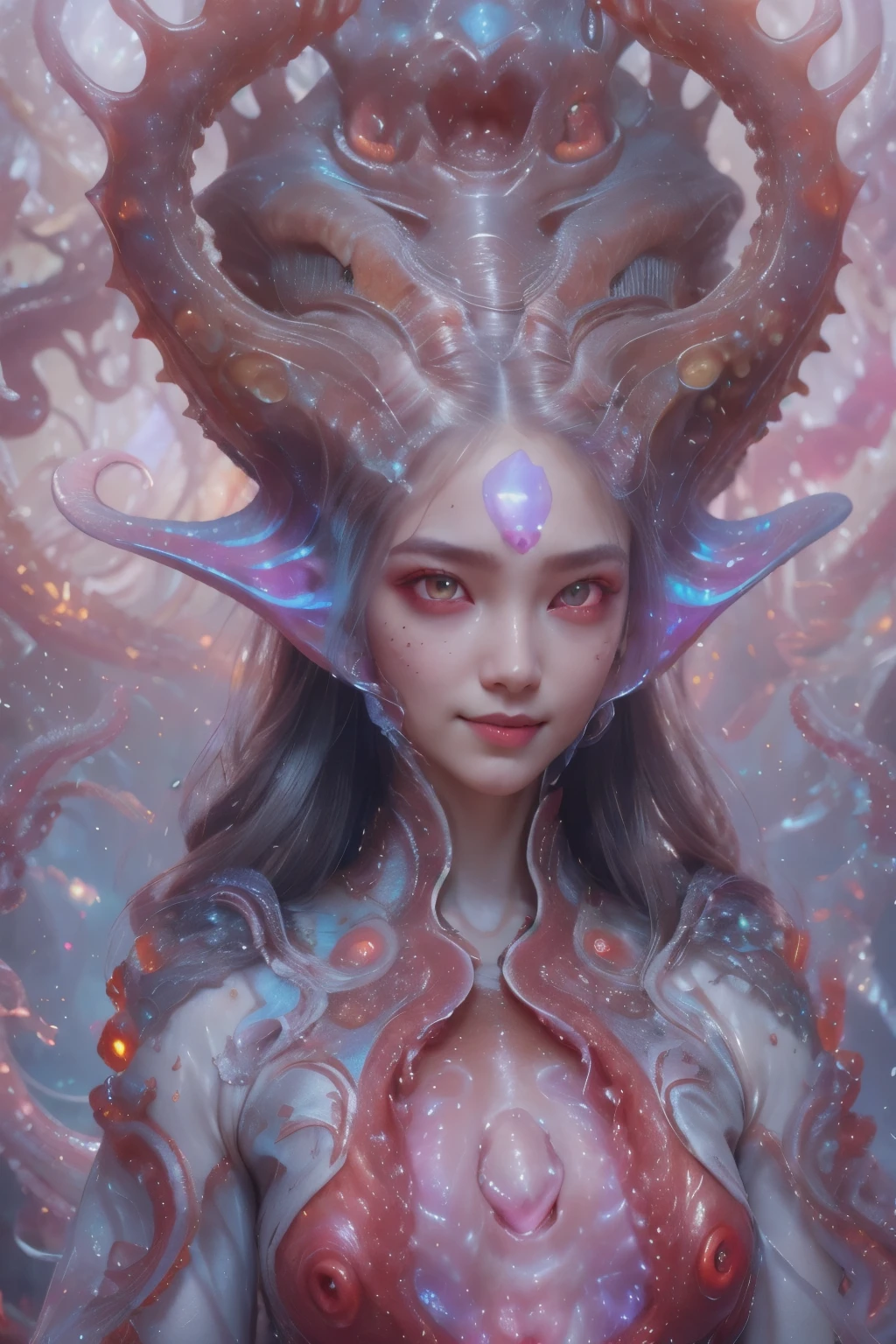 scary and sexy detailed art in color, Portrait, (beautiful and obscene female alien:1.4), (vulgarity1.7), (she has red eyes with no pupils:1.8), (Translucent white skin:1.7), (There is a female genital-like organ in the middle of the forehead:1.9), (The most beautiful face in the history of the universe:1.2),an evil gaze that seduces, (large mouth:1.1), (sharp teeth like a vampire:1.2), Full body portrait, (bio luminescent:1.5), (Smile wickedly:1.3), (sexypose:1.5), alien, No humans, cells are fused, (Lots of translucent tentacles:1.3) extraterrestrial, cell, bio image, best quality, 8K, In 4K_quality, High freshness, Dramatic Lighting, masutepiece:1.5,cinematic quality, detail up, (exquisite details:1.2), high resolution, High freshness, drawing faithfully, (Thick eyebrows:1.2), Beautiful eyes with fine symmetry,(Highly detailed face and eyes:1.2), Intimate face, (Super detailed skin quality feeling:1.4), perfect anatomy, (Beautiful toned body:1.5), (Moist skin:1.2), not wearing makeup, (dark circles:1.1), long canines, cinematic drawing of characters, ultra high quality model, cinematic quality, detail up, (exquisite details:1.2), high resolution, High freshness, drawing faithfully, official art, Unity 8K Wall paper, best quality, Very high resolution, ultra detailed artistic photography, midnight aura, unreal engine 5, Ultra Sharp Focus, art by Amano Yoshitaka, ArtGerm, Roisch, intricate artwork, best quality, masterpiece, ultra high resolution, (photos realistic:1.4), ultra realistic realism, dream-like, nautilus, Creation of fantasy, Snail, Dream Snail, (biopunk nautilus:1.3),Thrilling color schemes, ultra realistic realism, seductively smiling, Blue tentacles, Amazing mutation, well-proportioned body, goddess of the deep sea