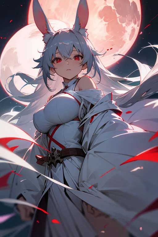 anime, woman, gray hair, White rabbit ears, red eyes,long white robes, big breasts, strong, Facing the front. No background