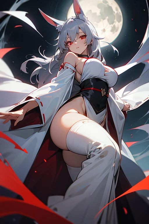 anime, woman, gray hair, White rabbit ears, red eyes, Moonlight night, full moon,long white robes, big breasts, strong, Facing the front