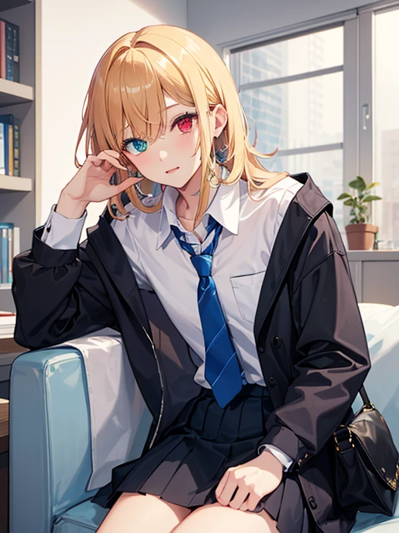 masterpiece, best quality, high quality, 1boy, solo, male focus, middle school student, school uniform, (blue tie:1.2),((Heterochromia)), (yellow left eye:1.1), blach hair, middle hair, hair over one eye, looking at viewer,