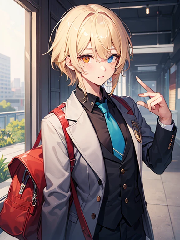 masterpiece, best quality, high quality, 1boy, solo, male focus, middle school student, school uniform, (blue tie:1.2),((Heterochromia)), (yellow left eye:1.1), blach hair, middle hair, hair over one eye, looking at viewer,