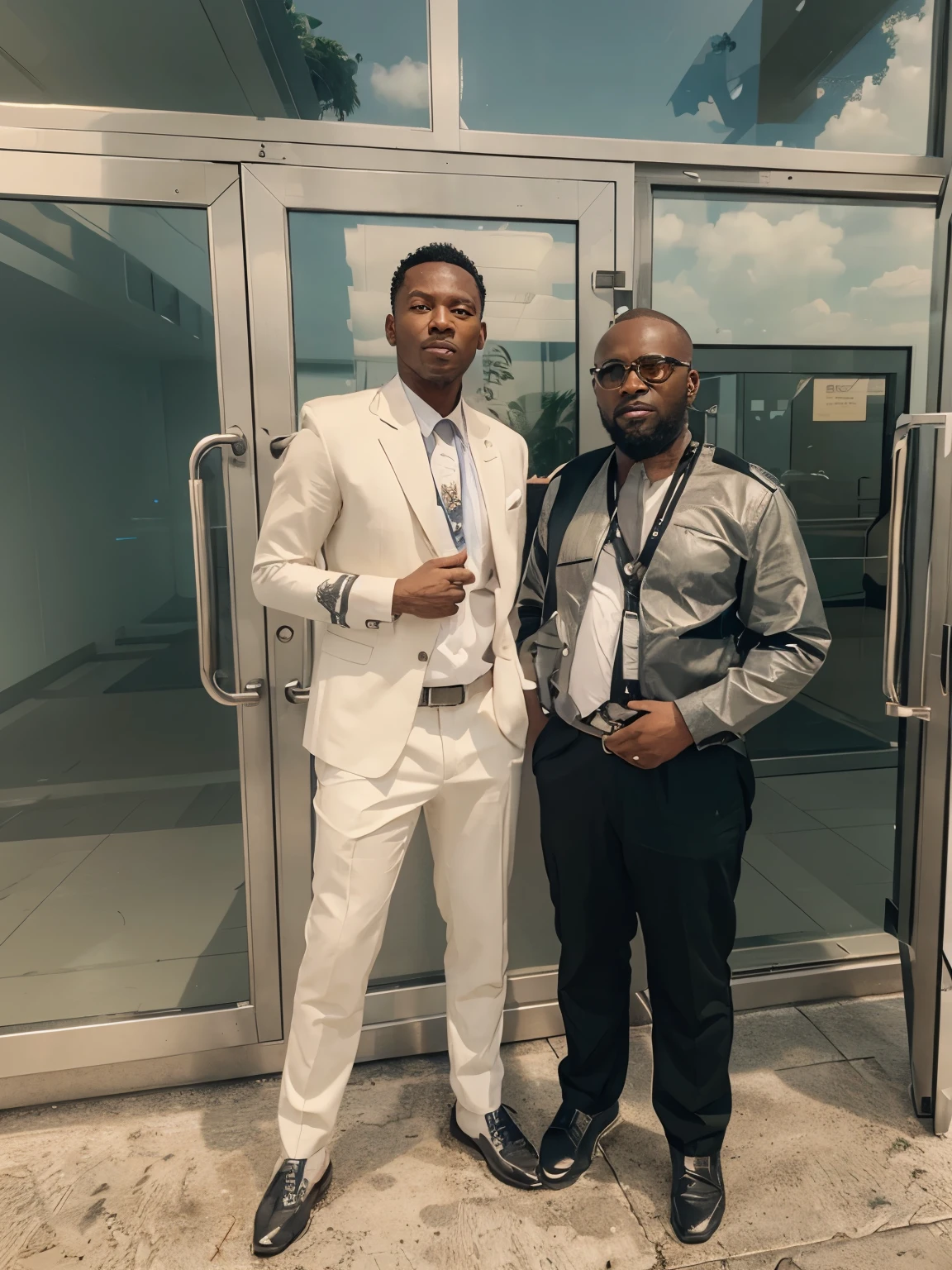 Two men in futuristic suites, photorealistic, high detailed, intricate details and unreal engine 5 