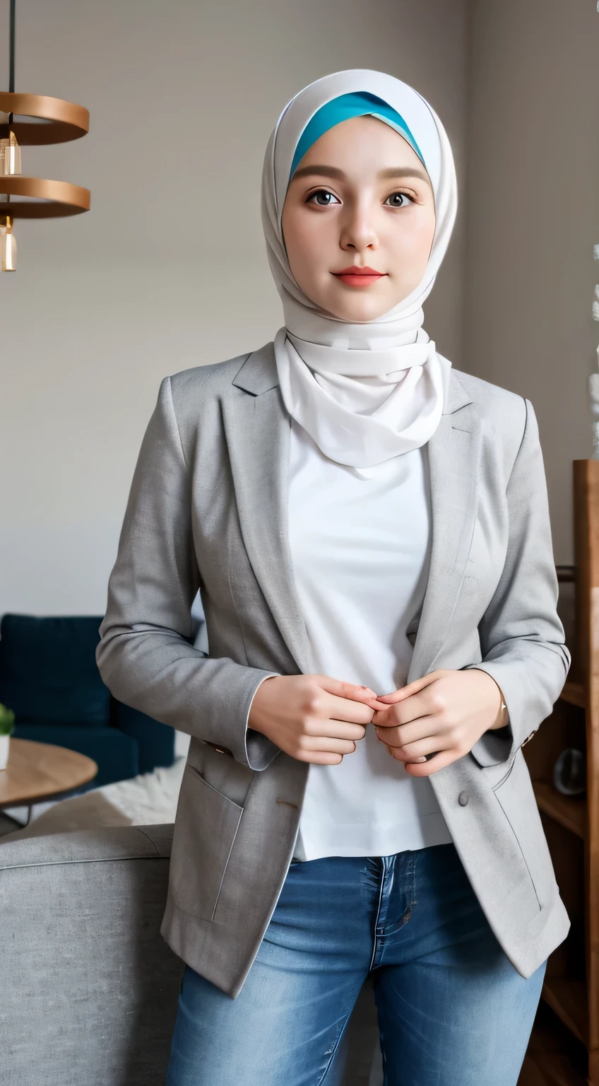 1 Girl, Beautiful, Russian , 28 Years Old, White Skin, wearing white hijab, wearing a grey long blazer and jeans, beautifull pose, looking directly at the camera, minimalis and modern living room background, raw photo, full body: 1.5, realistic