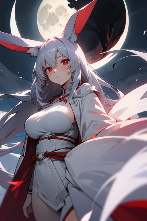 anime, woman, gray hair, White rabbit ears, red eyes, Moonlight night, full moon,long white robes, big breasts, strong, Facing the front