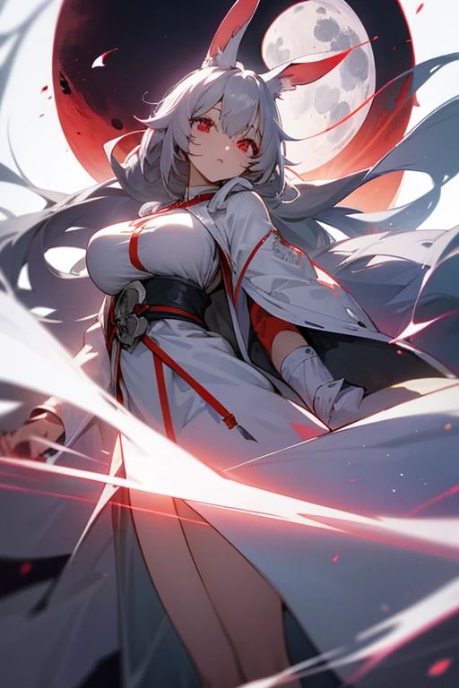 anime, woman, gray hair, White rabbit ears, red eyes, Moonlight night, full moon,long white robes, ???????????, strong, Facing the front