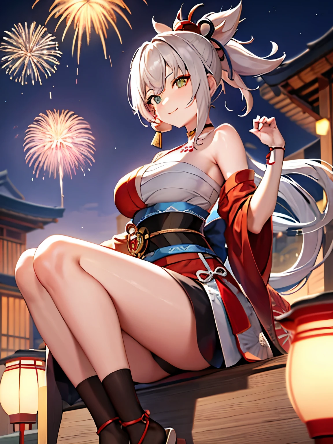 masterpiece, exquisite, High resolution, silver hair, medium hair, asymmetrical hair, floating hair, high ponytail, side lock, hair ornaments, hairpin, bangs, green eyes, smile, teeth, choker, choker, clavicle, tattoo, middle chest, thighs, bandage, bandageを巻いたfeet,black sash, Hadanugi dosa,, Drawstring, red kimono, rope, heart, bare shoulders, Genshin, east asian architecture, whole body, night, firework, firework, feetを組んだ,  feet, geta,