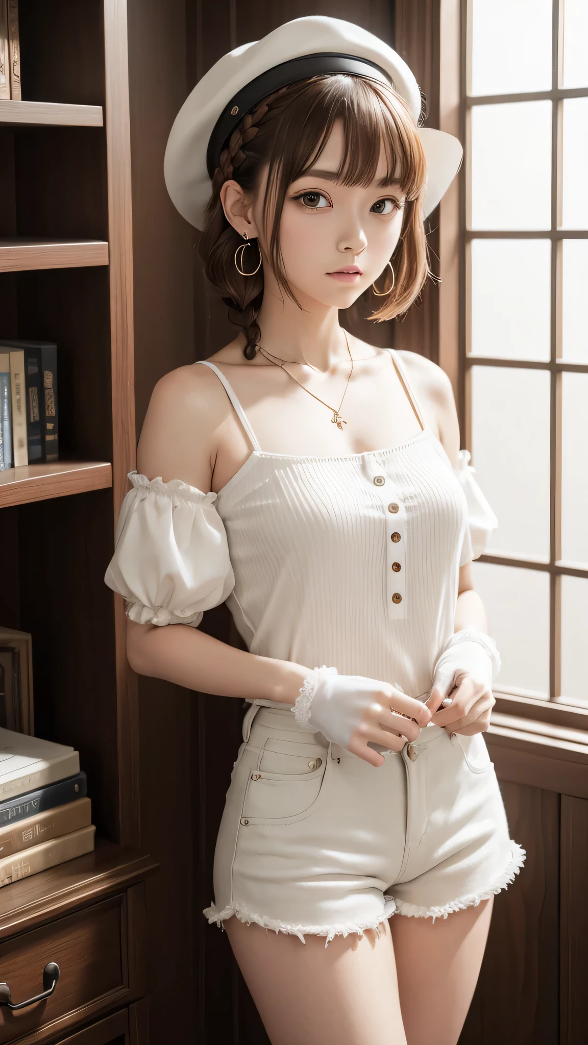 22 year old white female、hair color is brown、brown eyes、long hair、straight hair、accessories on wrist、wearing a necklace、has earrings、skin is smooth、Slender but muscular body、smile、Inside a historic library、I am sitting on a chair in front of a desk with many old documents piled up on it.、holding a pen and writing on paper、wearing a blouse、wearing a tight skirt、wears glasses with thin frames、There are many frames with photos on the wall.