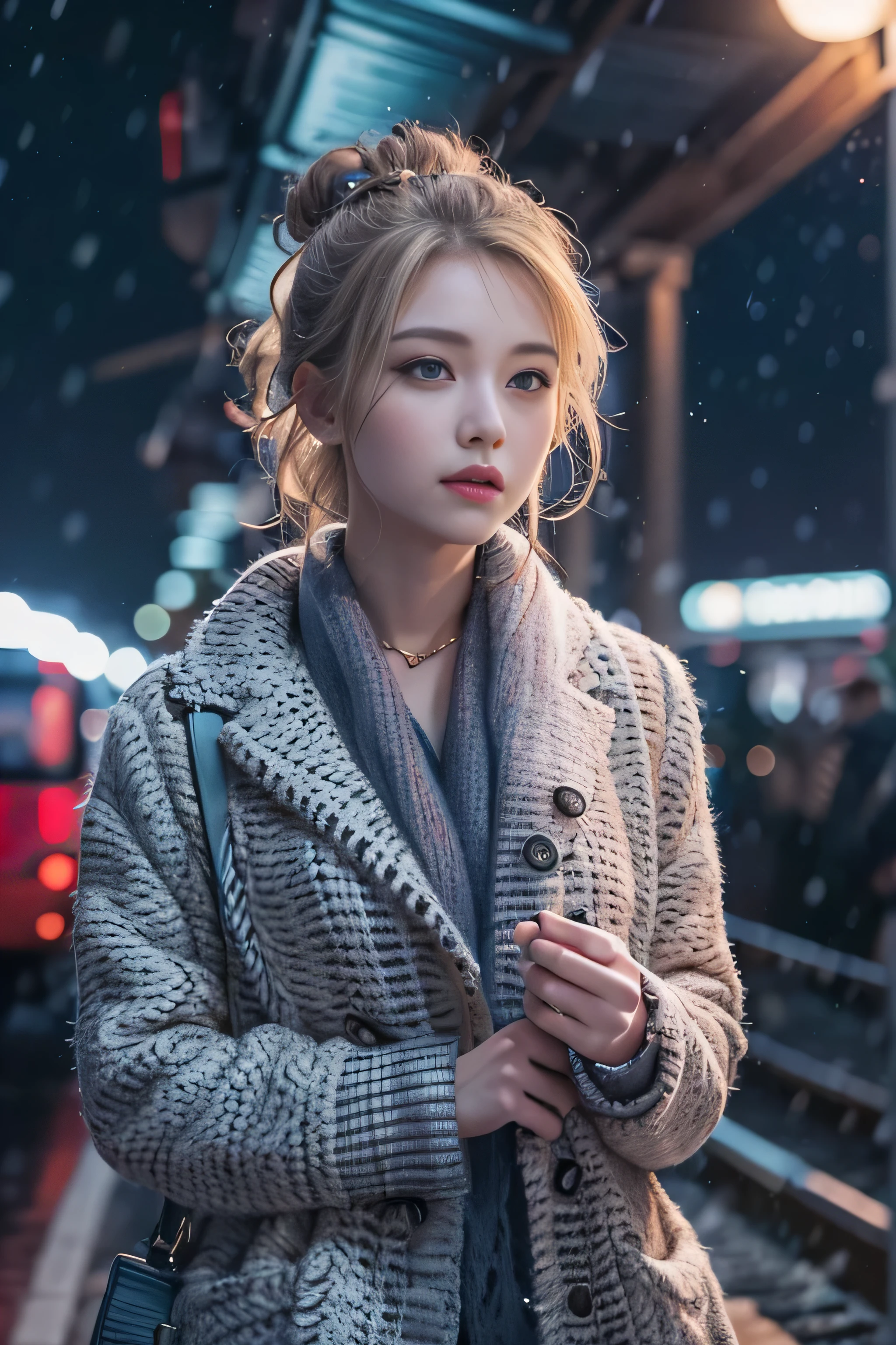 1 female、(european:2.2)、Early 20s、(super beautiful)、(super beautiful顔)、(golden middle hair)、(blue eyes)、wearing makeup、Standing on the station platform in the big city at night、The background is a stopped train、(shallow depth of field)、(that'It's snowing:1.1)、(upper body shot)