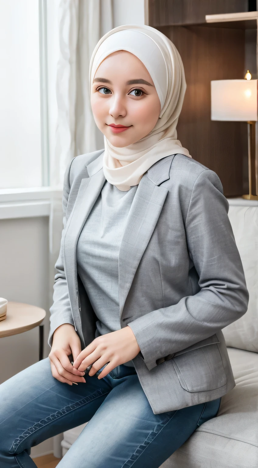 1 Girl, Beautiful, Russian Baby Face, 28 Years Old, White Skin, wearing white hijab, wearing a grey long blazer and jeans, beautifull pose, looking directly at the camera, minimalis and modern living room background, raw photo, full body: 1.5, realistic