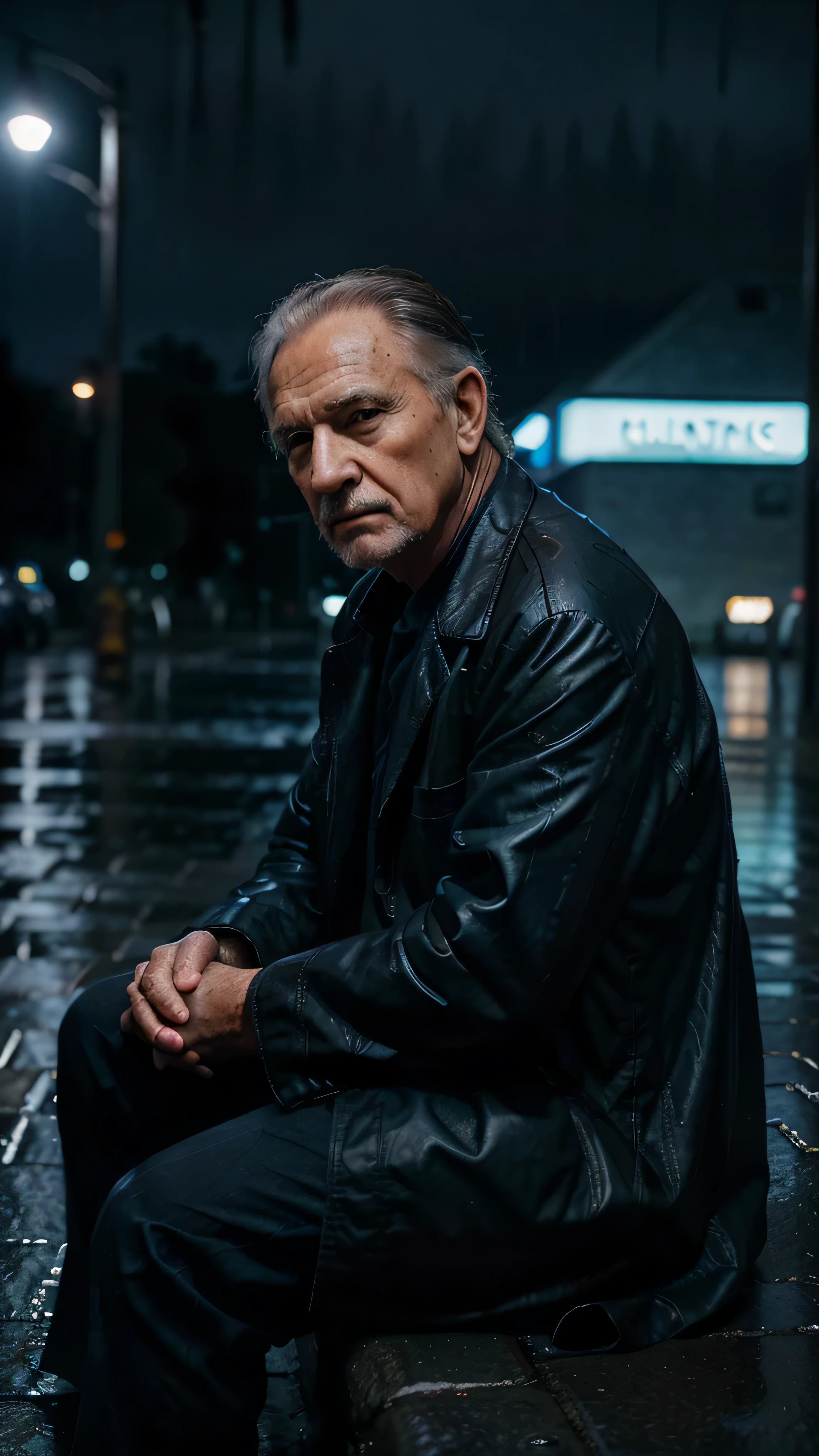 (masterpiece), (high quality), (best quality), (realistic), (cinematic lights), (blurred background), (atmospheric sight), (perfect fingers), (perfect eyes), (significant face), (sharp face), (blue lights), (rain), There is a old man with a hod, he wears black clothes, he sits on the sidewalk (leaning) against a wall, (the view is from the side), (HDR), 50mm